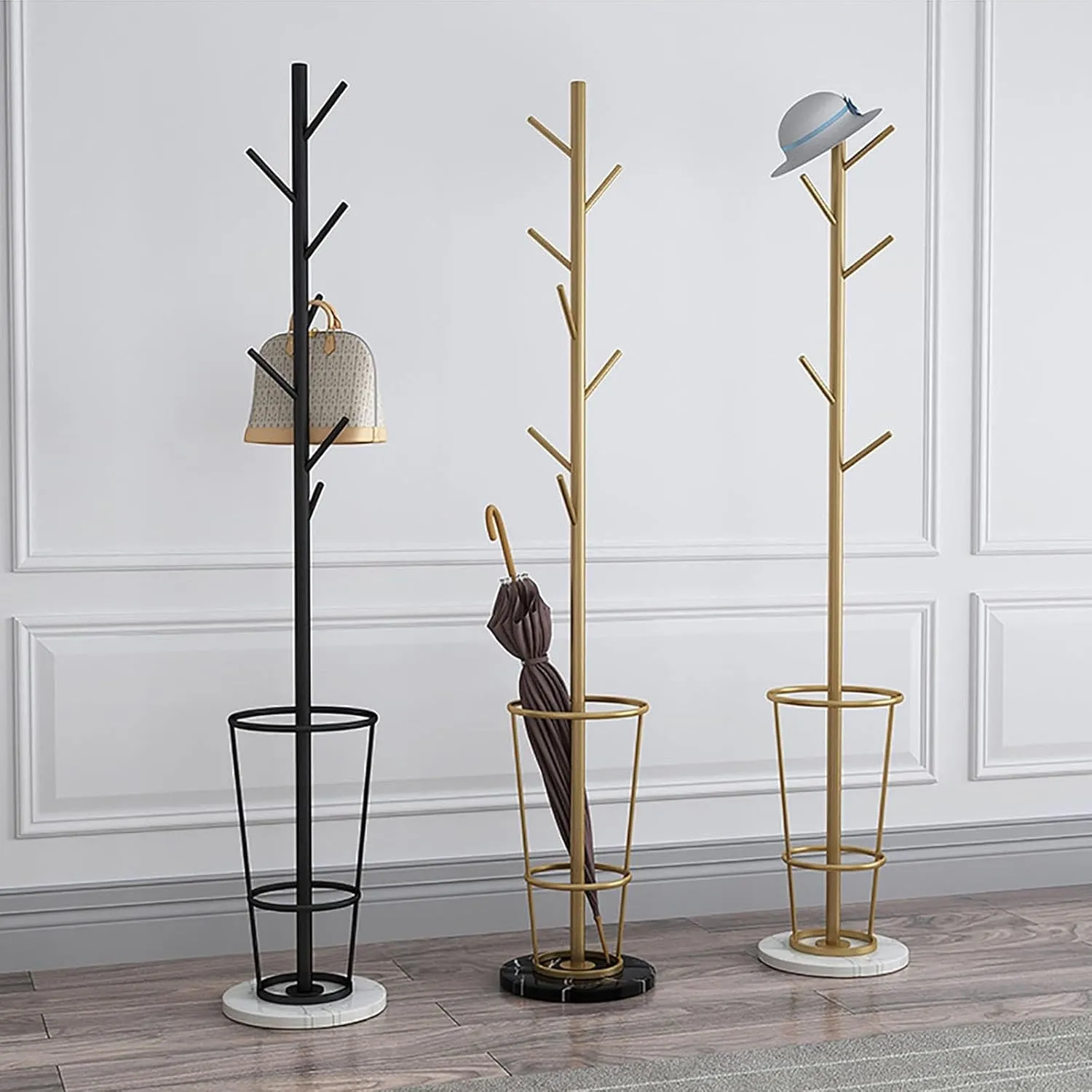 Metal Umbrella Stand with Coat Rack, Umbrella Holder for Entryway with Marble Base, Multiple Hooks for Expansion Space(Black black,B)