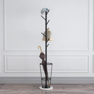 Metal Umbrella Stand with Coat Rack, Umbrella Holder for Entryway with Marble Base, Multiple Hooks for Expansion Space(Black white,B)