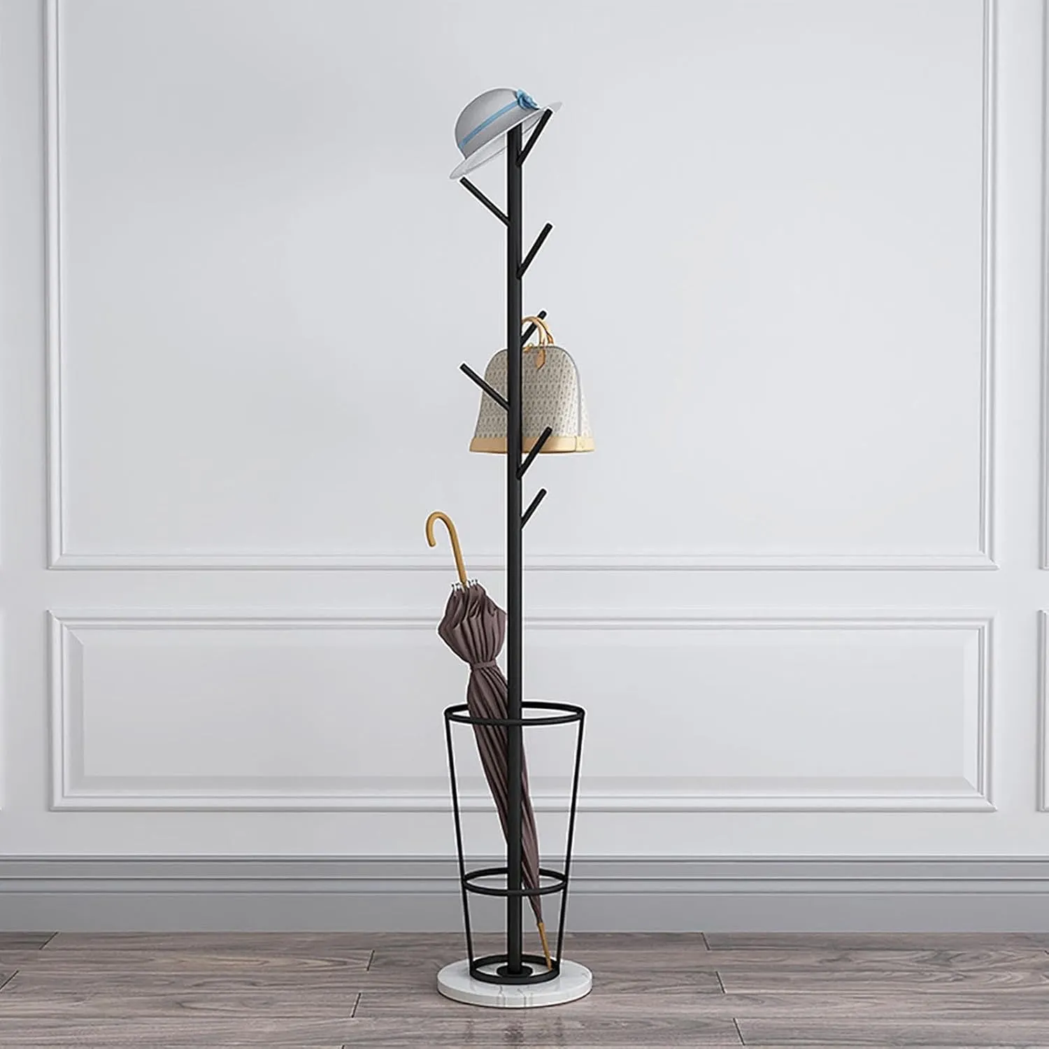 Metal Umbrella Stand with Coat Rack, Umbrella Holder for Entryway with Marble Base, Multiple Hooks for Expansion Space(Black white,B)