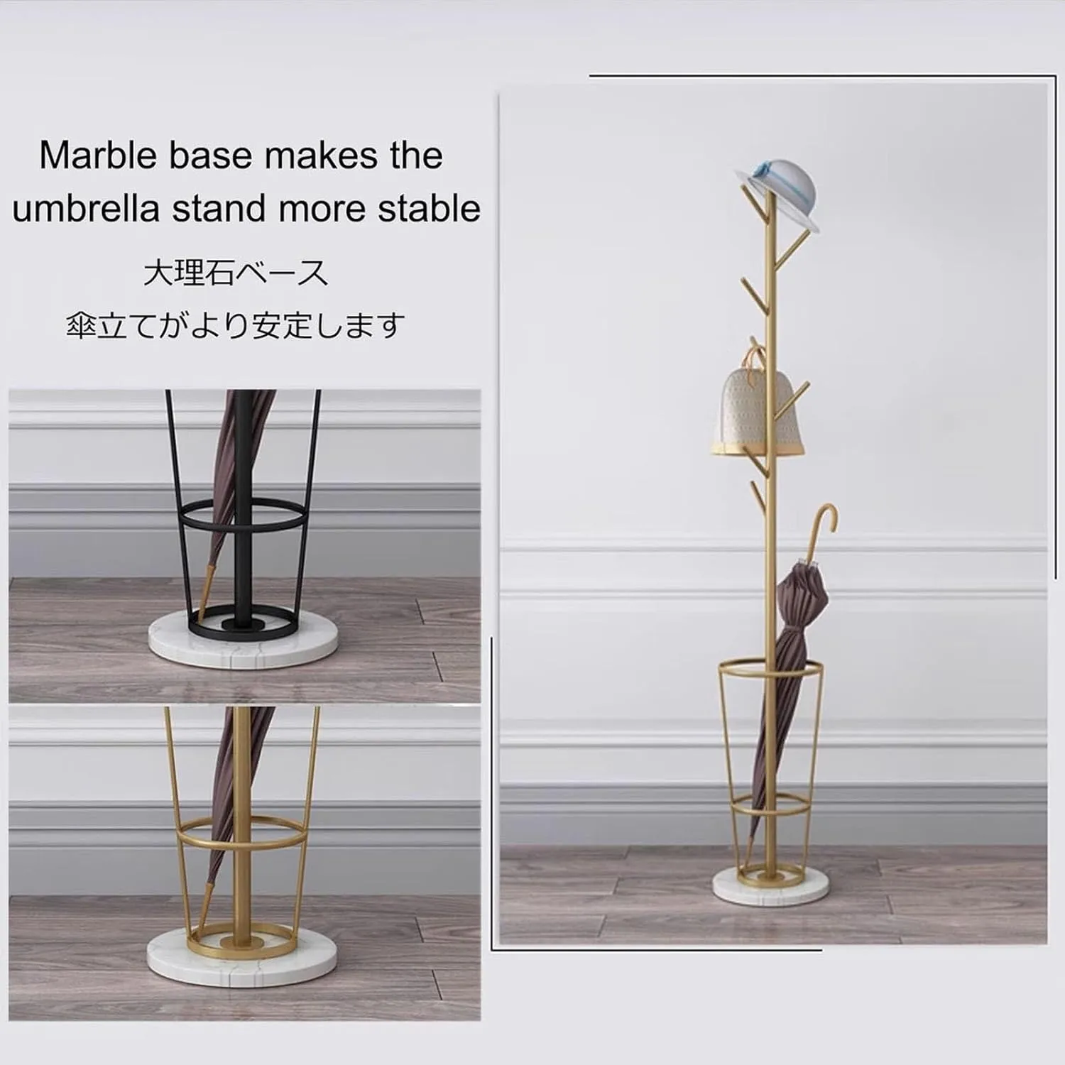 Metal Umbrella Stand with Coat Rack, Umbrella Holder for Entryway with Marble Base, Multiple Hooks for Expansion Space(Black white,B)