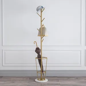 Metal Umbrella Stand with Coat Rack, Umbrella Holder for Entryway with Marble Base, Multiple Hooks for Expansion Space(Gold white,B)