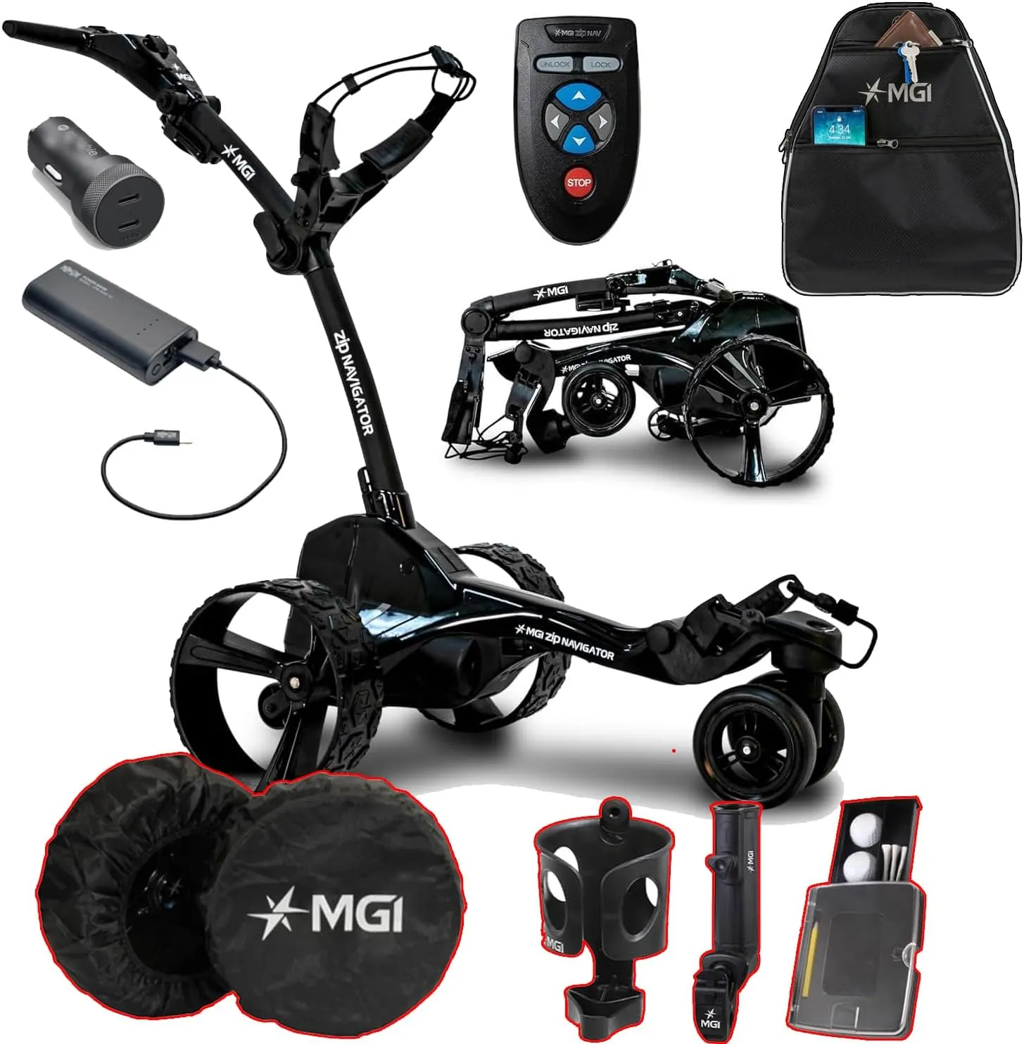 MGI Remote Controlled Zip Navigator Golf Cart with Accessories | Power Bundle | 3-Year Warranty | 36 Holes Extended Battery (Power Bundle & Cooler)