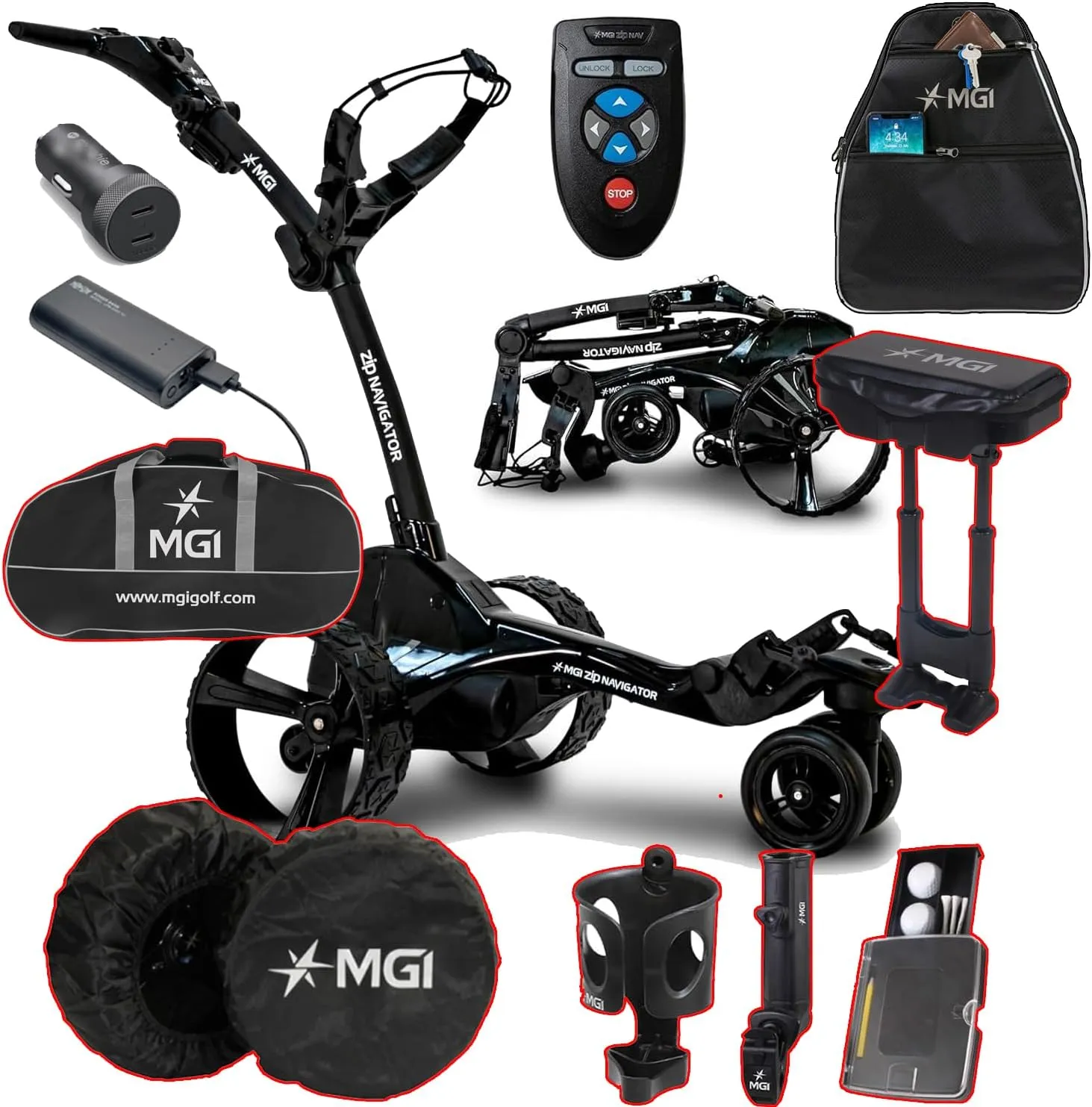 MGI Remote Controlled Zip Navigator Golf Cart with Accessories | Power Bundle | 3-Year Warranty | 36 Holes Extended Battery (Zip NAV - Ultimate)