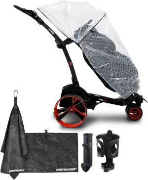 MGI Zip X3 Electric Golf Push Cart with Rain Cover | Zip Folding Caddy, All-Terrain Wheels, Plays 36 Holes, Adjustable Speed, 3 Wheels, Display Screen, Odometer | Signature Series Golf Towel