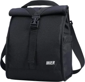 MIER Insulated Lunch Bag Roll Top Lunchbox for Women Men Adults Foldable Rolltop Lunch Tote with Shoulder Strap for Work Office Picnic, Water Bottle Holder, Black