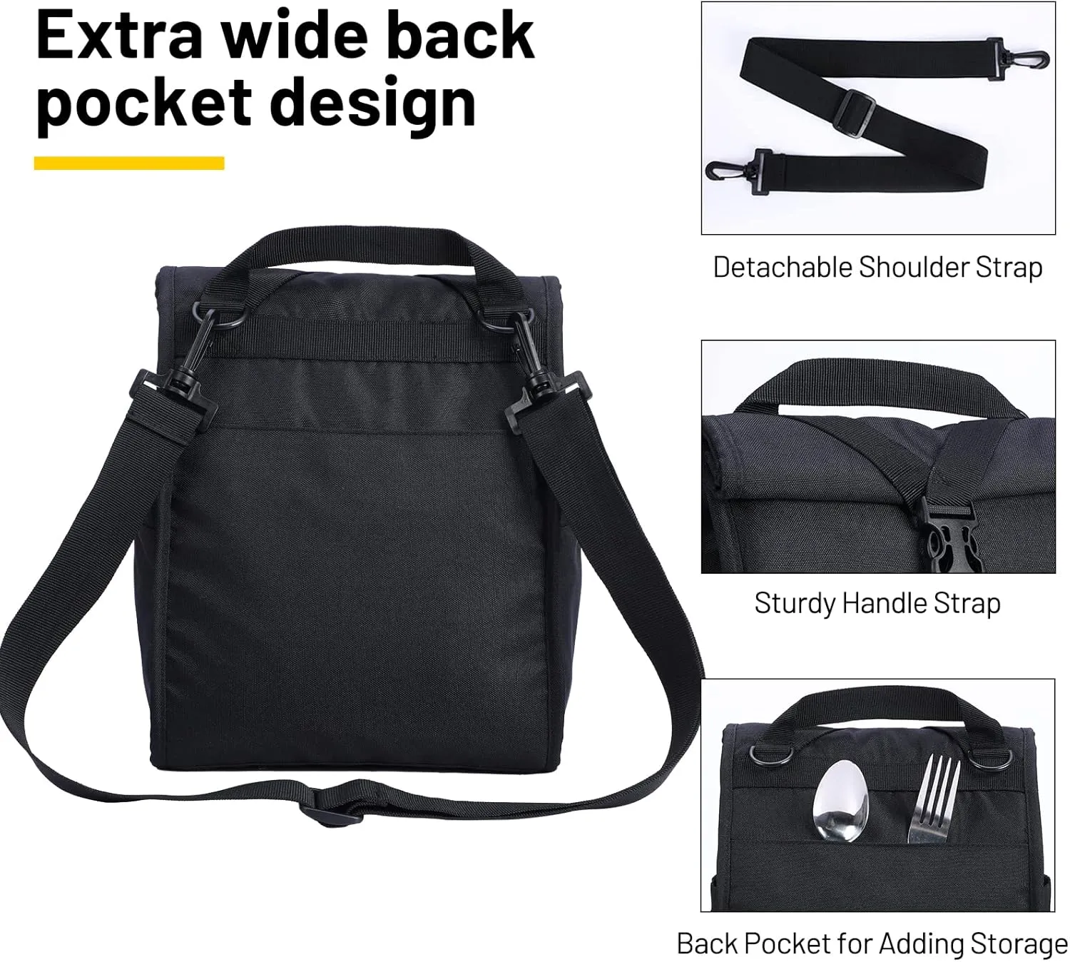 MIER Insulated Lunch Bag Roll Top Lunchbox for Women Men Adults Foldable Rolltop Lunch Tote with Shoulder Strap for Work Office Picnic, Water Bottle Holder, Black