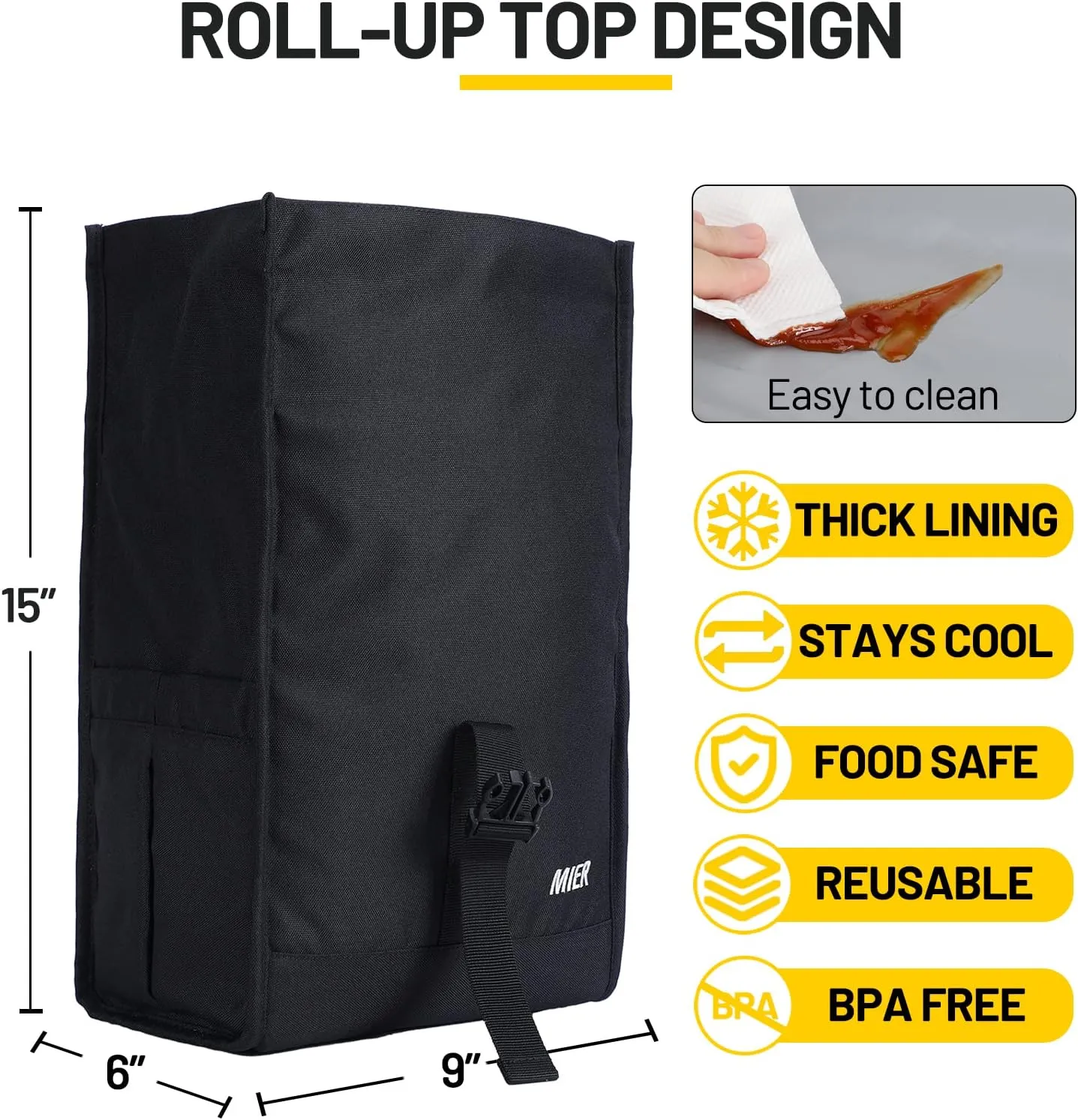 MIER Insulated Lunch Bag Roll Top Lunchbox for Women Men Adults Foldable Rolltop Lunch Tote with Shoulder Strap for Work Office Picnic, Water Bottle Holder, Black