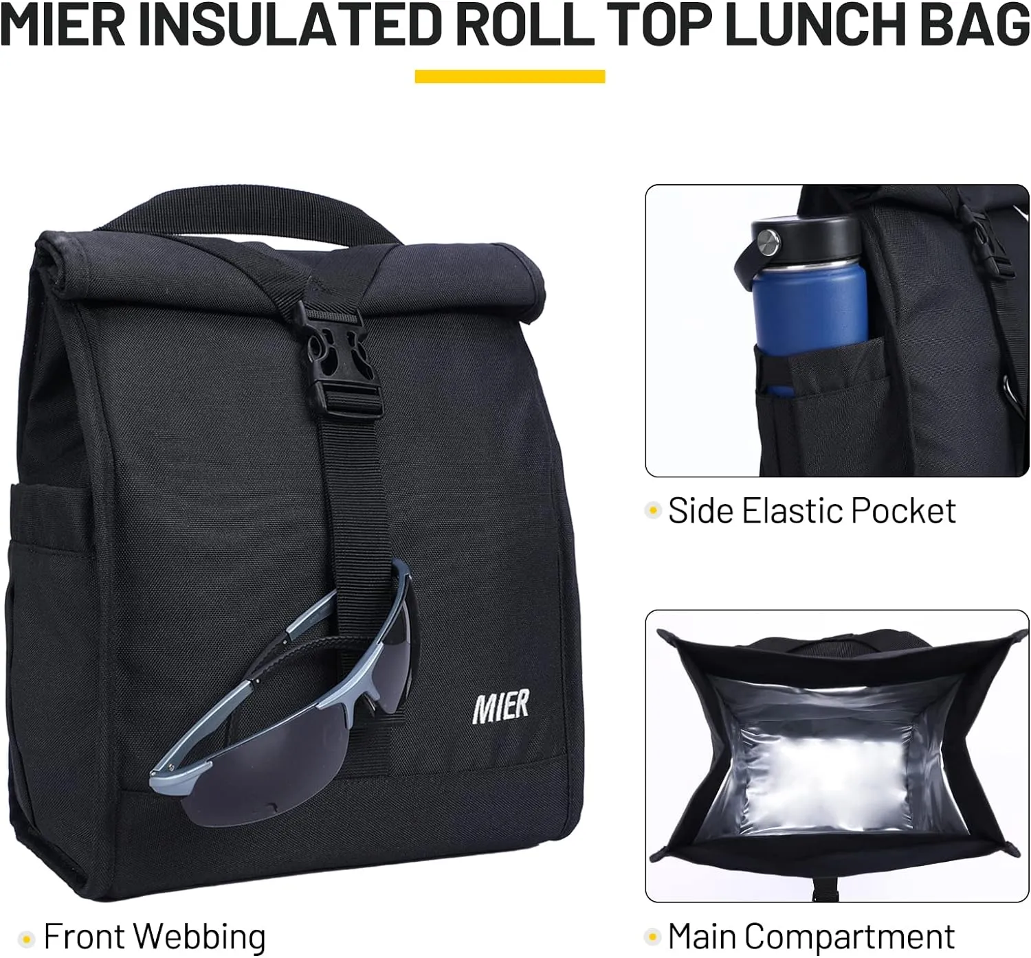 MIER Insulated Lunch Bag Roll Top Lunchbox for Women Men Adults Foldable Rolltop Lunch Tote with Shoulder Strap for Work Office Picnic, Water Bottle Holder, Black