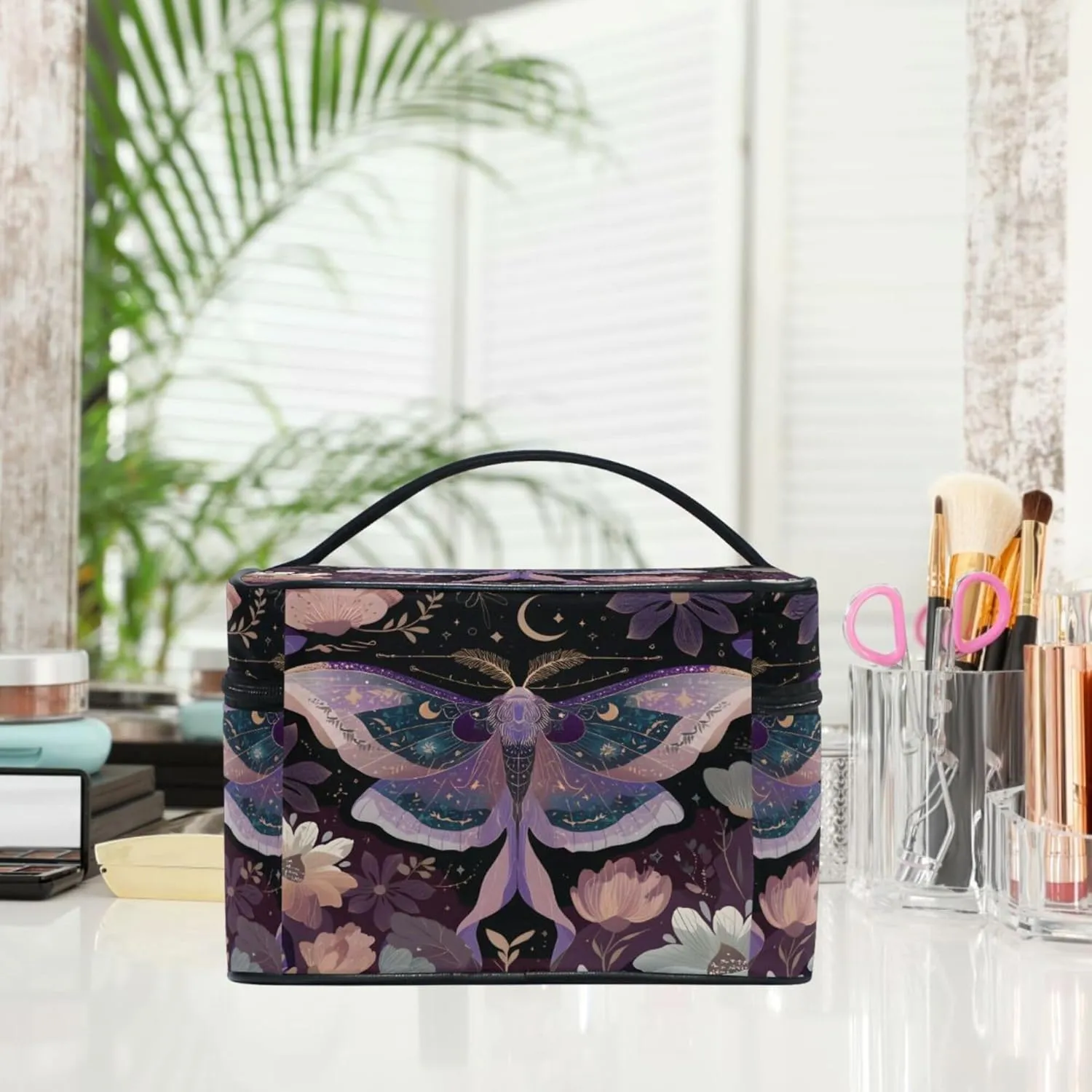MNSRUU Makeup Bags, Mauve Moths Makeup Organizer Bags Toiletry Bag Box Travel Cosmetic Bag Make Up Train Case for Women Teen Girl Ladies