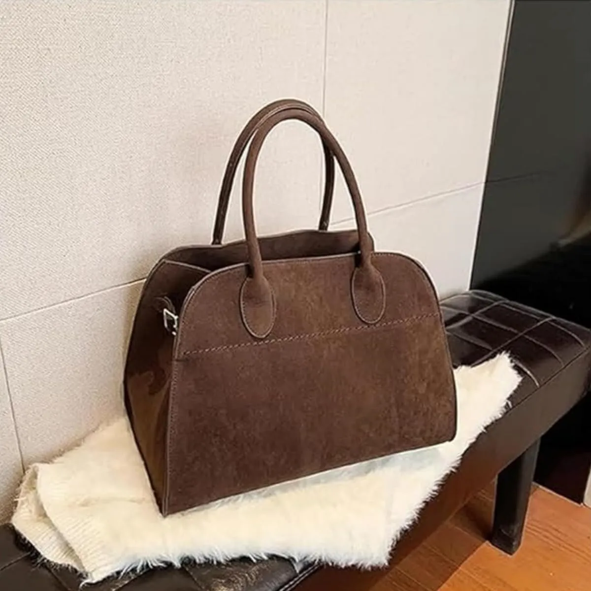 Modavo Bag,Modavo Suede Tote Bag,Fashion Modavo Parisian Stroll Bag, Women's Large Brown Suede Top-Handle Work