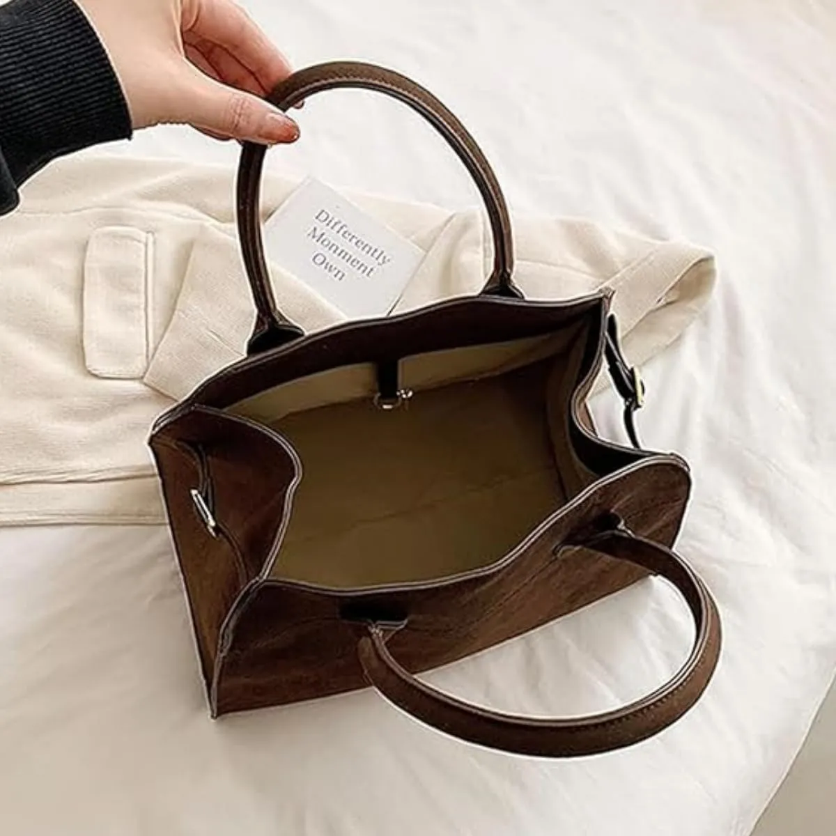 Modavo Bag,Modavo Suede Tote Bag,Fashion Modavo Parisian Stroll Bag, Women's Large Brown Suede Top-Handle Work