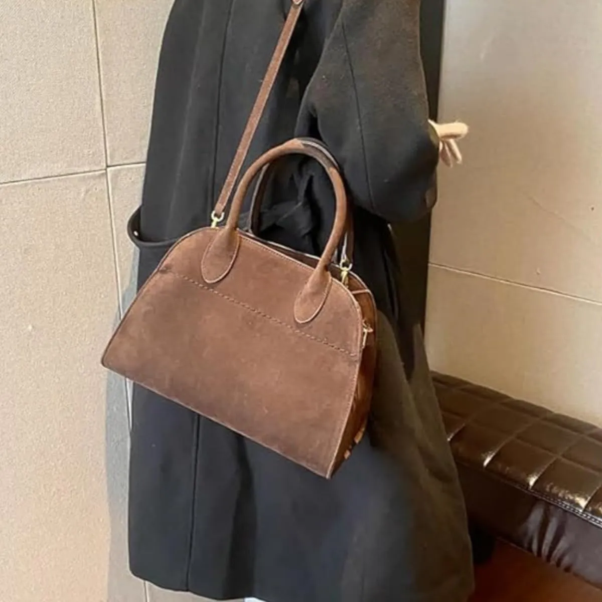 Modavo Bag,Modavo Suede Tote Bag,Fashion Modavo Parisian Stroll Bag, Women's Large Brown Suede Top-Handle Work