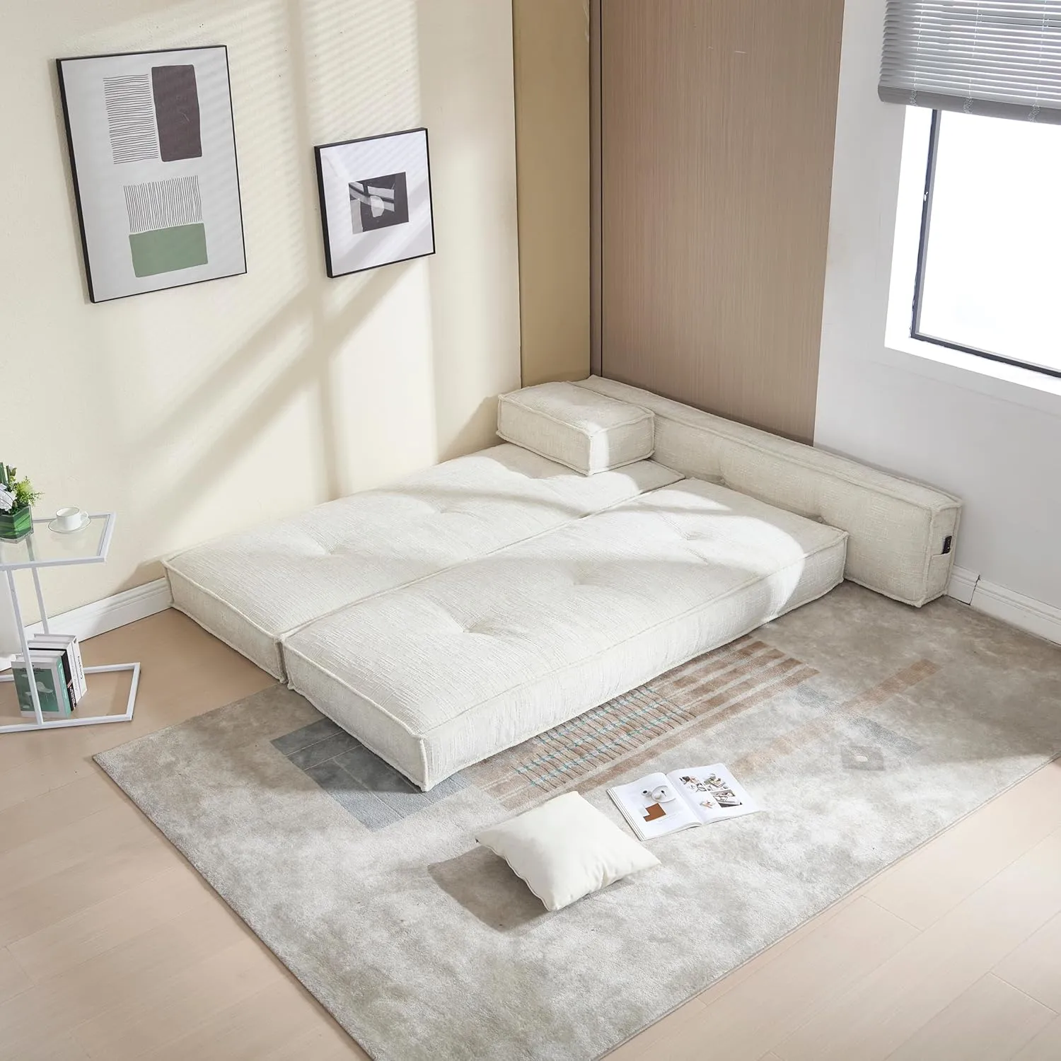 Modular Couch Convertible Sleeper Floor Sofa Bed, Chenille Folding Mattress Couch with Side Bag Storage, 4-in-1 Combined Lazy Sofa for Living Room Bedroom Small Space,Beige