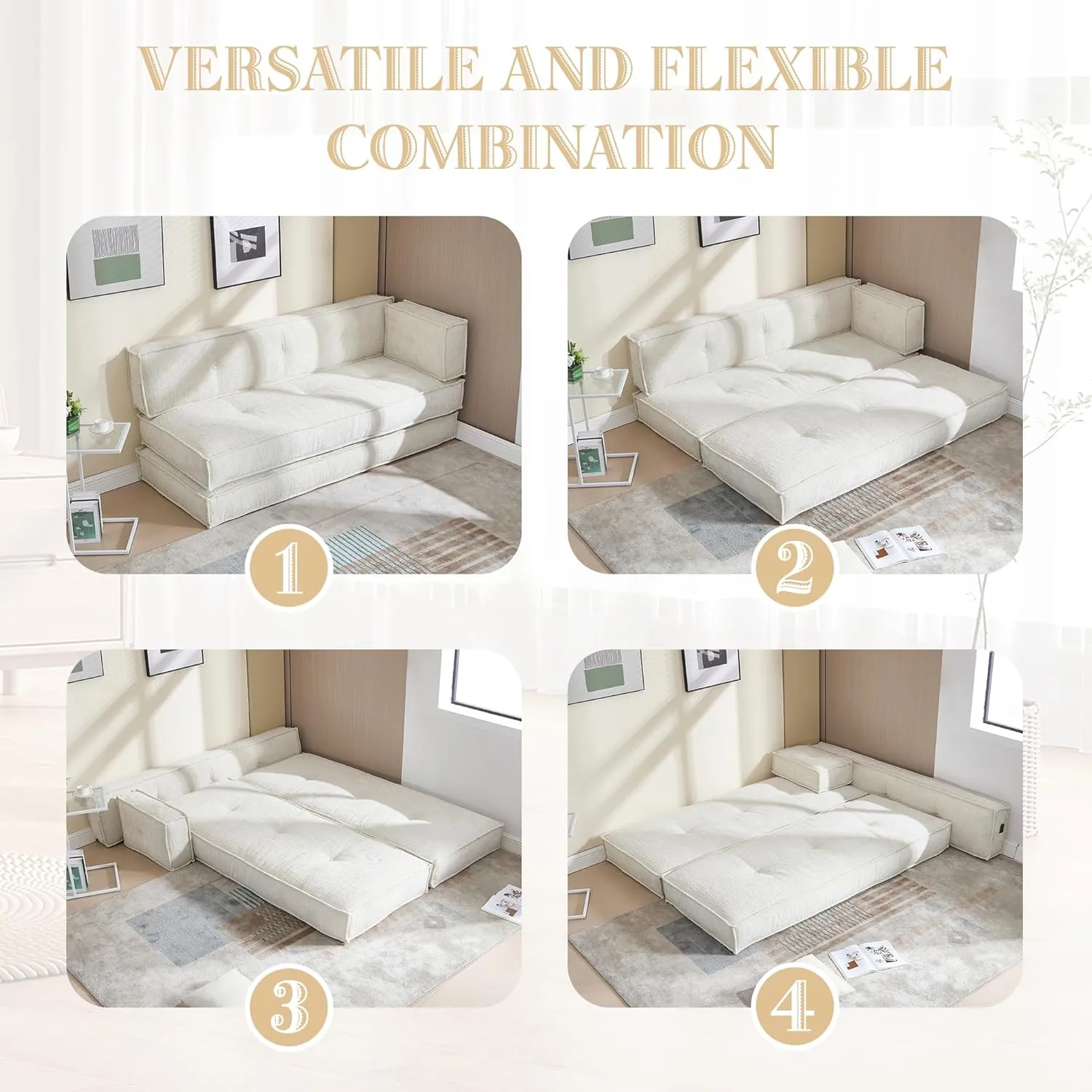 Modular Couch Convertible Sleeper Floor Sofa Bed, Chenille Folding Mattress Couch with Side Bag Storage, 4-in-1 Combined Lazy Sofa for Living Room Bedroom Small Space,Beige