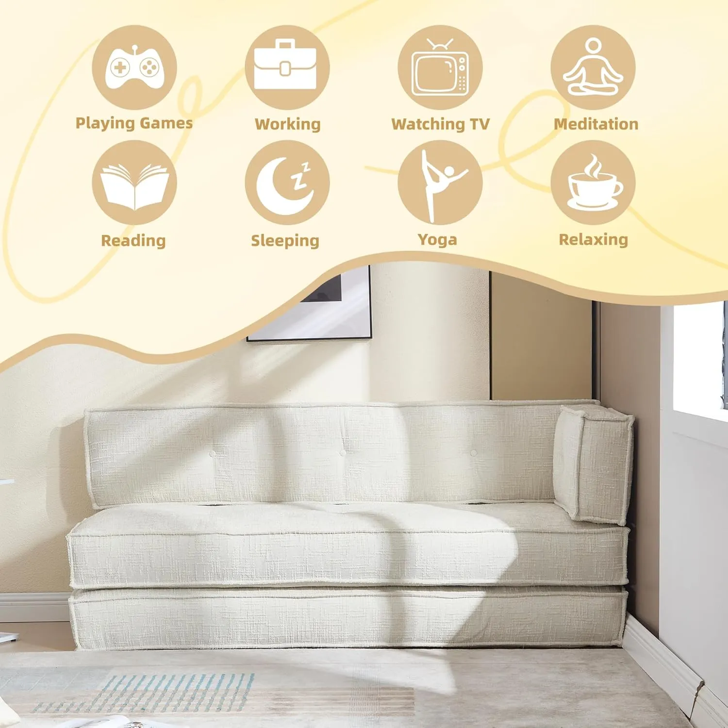 Modular Couch Convertible Sleeper Floor Sofa Bed, Chenille Folding Mattress Couch with Side Bag Storage, 4-in-1 Combined Lazy Sofa for Living Room Bedroom Small Space,Beige