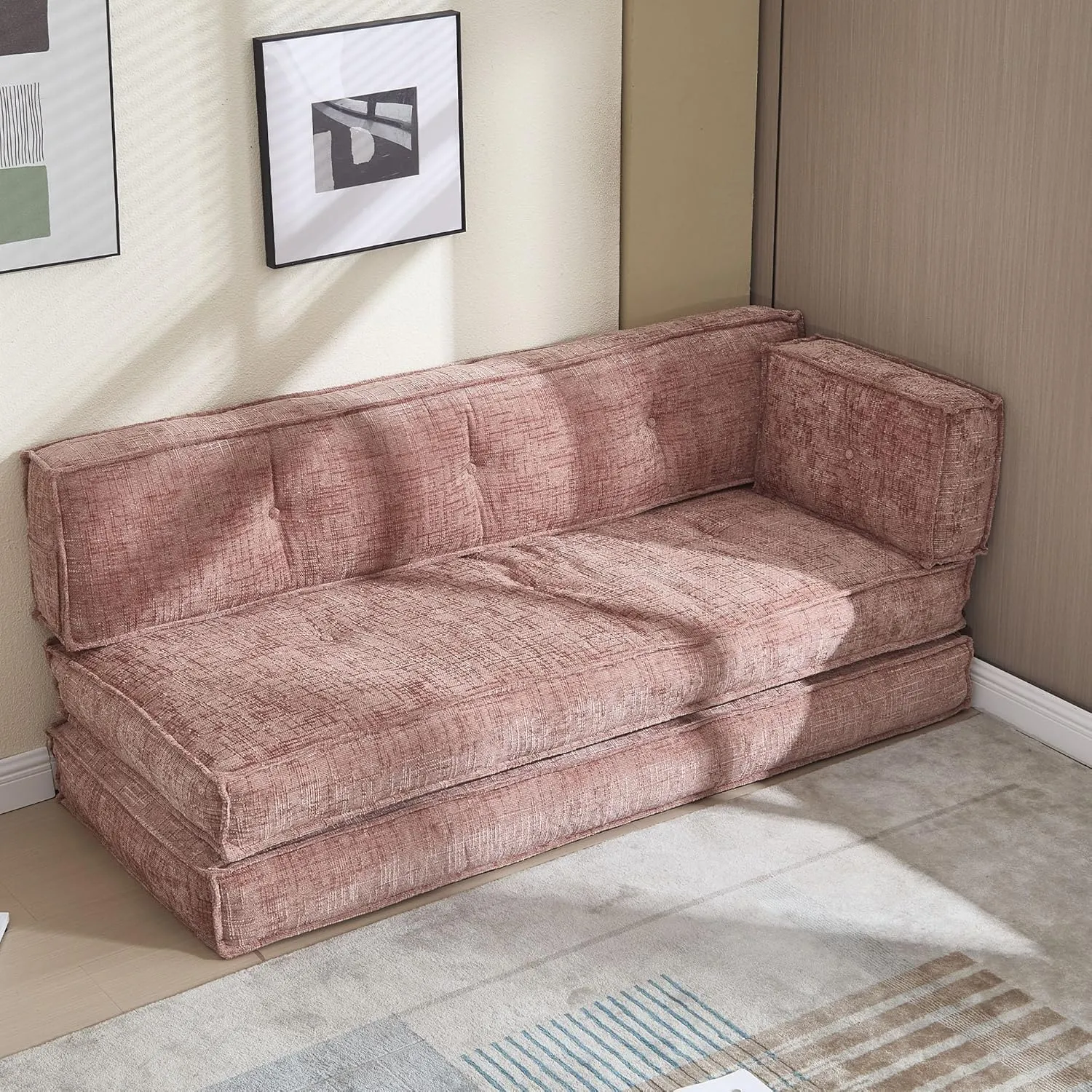 Modular Couch Convertible Sleeper Floor Sofa Bed, Chenille Folding Mattress Couch with Side Bag Storage, 4-in-1 Combined Lazy Sofa for Living Room Bedroom,Pink
