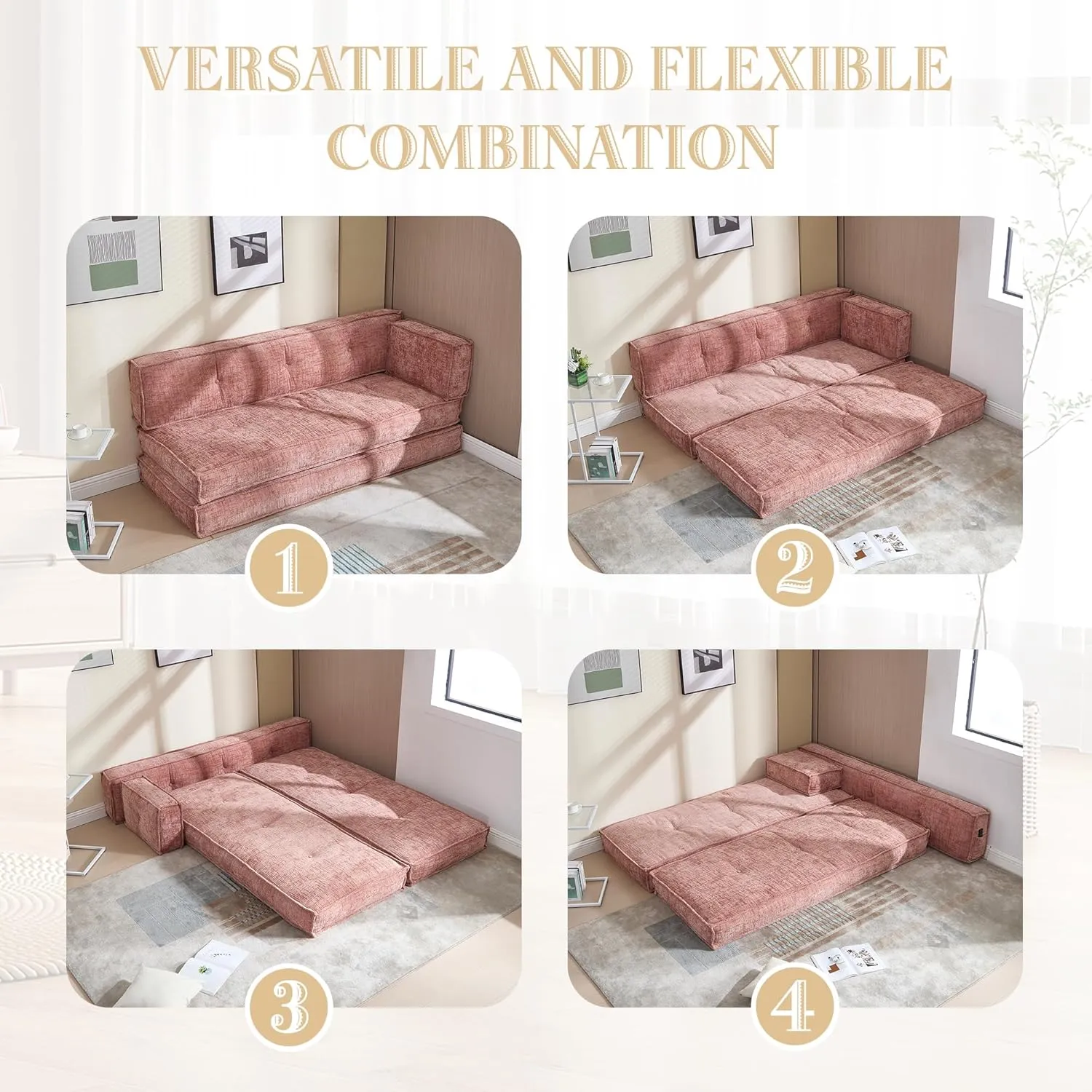 Modular Couch Convertible Sleeper Floor Sofa Bed, Chenille Folding Mattress Couch with Side Bag Storage, 4-in-1 Combined Lazy Sofa for Living Room Bedroom,Pink