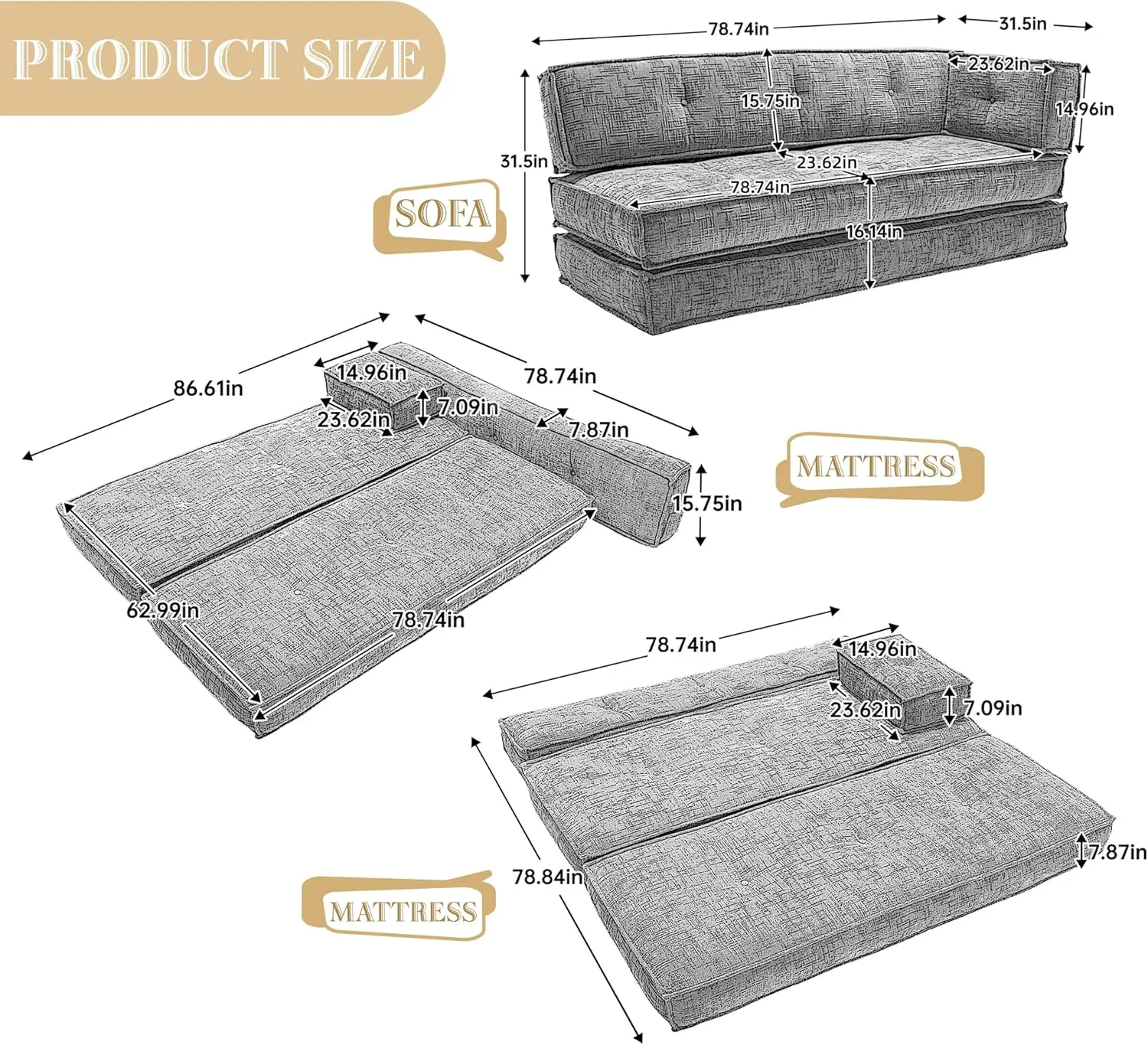 Modular Couch Convertible Sleeper Floor Sofa Bed, Chenille Folding Mattress Couch with Side Bag Storage, 4-in-1 Combined Lazy Sofa for Living Room Bedroom,Pink