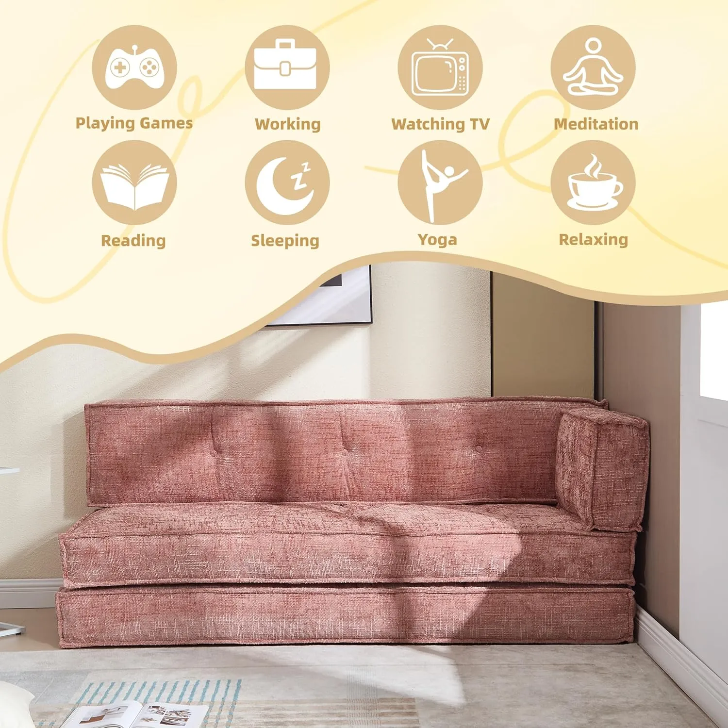 Modular Couch Convertible Sleeper Floor Sofa Bed, Chenille Folding Mattress Couch with Side Bag Storage, 4-in-1 Combined Lazy Sofa for Living Room Bedroom,Pink