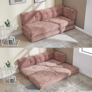 Modular Couch Convertible Sleeper Floor Sofa Bed, Chenille Folding Mattress Couch with Side Bag Storage, 4-in-1 Combined Lazy Sofa for Living Room Bedroom,Pink
