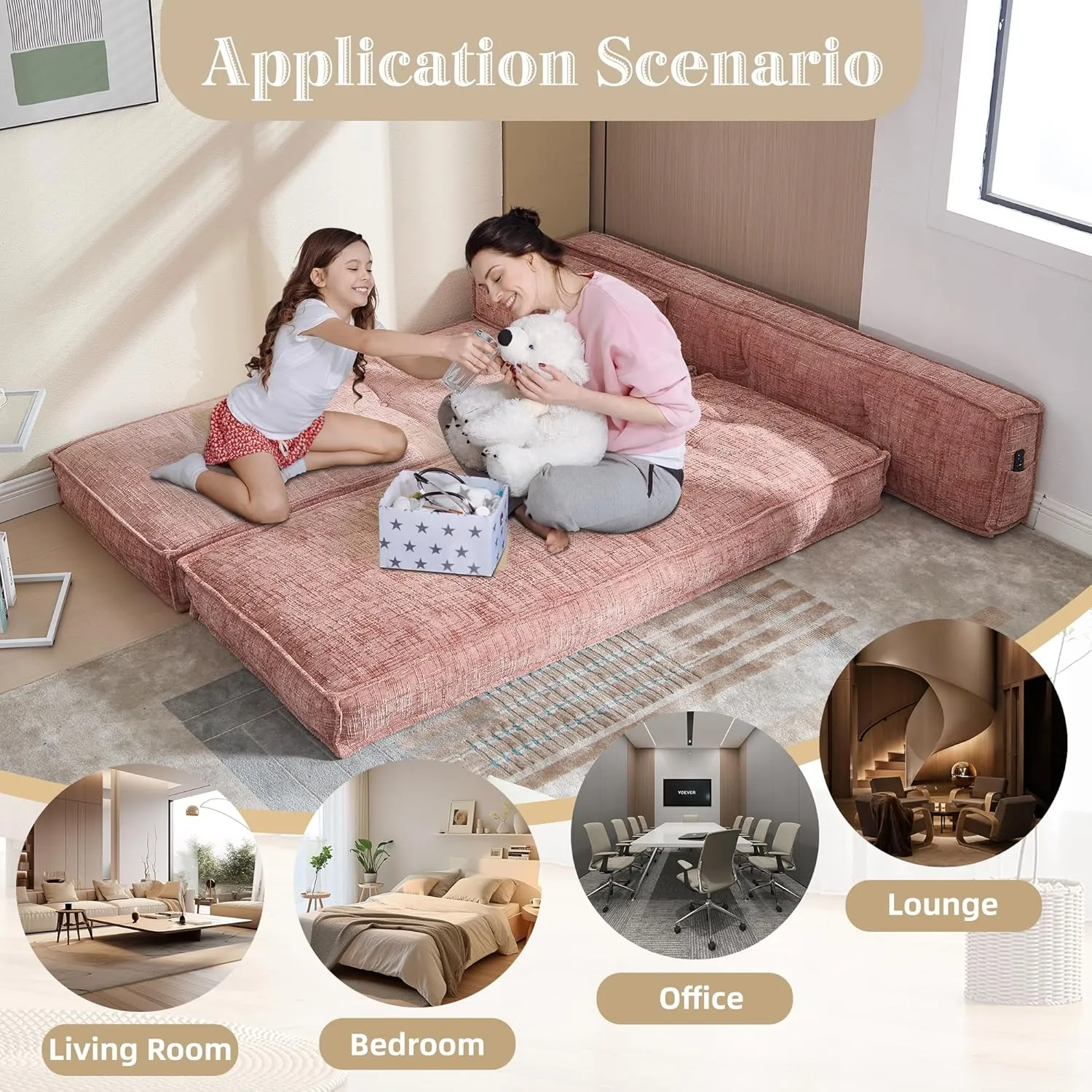 Modular Couch Convertible Sleeper Floor Sofa Bed, Chenille Folding Mattress Couch with Side Bag Storage, 4-in-1 Combined Lazy Sofa for Living Room Bedroom,Pink