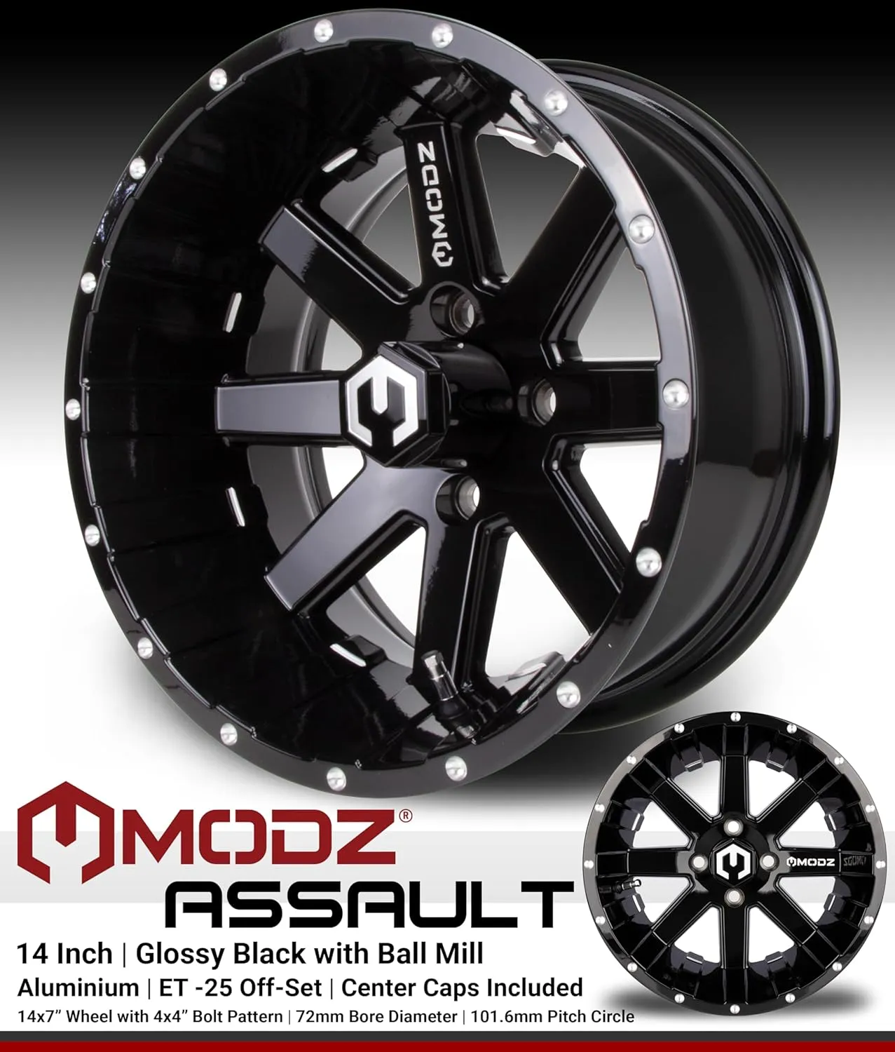 MODZ® Assault Black with Ball Mill 14" Golf Cart Wheels and Arisun Cruze (205/30-14) Low Profile DOT Golf Cart Tires Combo - Set of 4