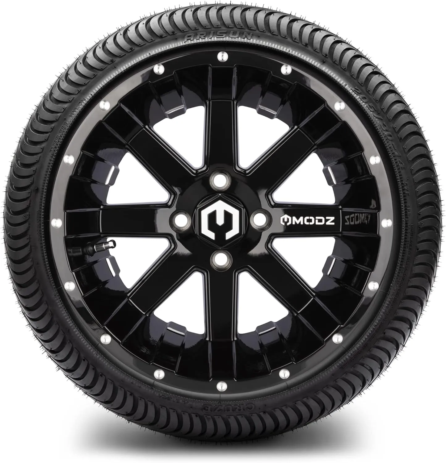 MODZ® Assault Black with Ball Mill 14" Golf Cart Wheels and Arisun Cruze (205/30-14) Low Profile DOT Golf Cart Tires Combo - Set of 4