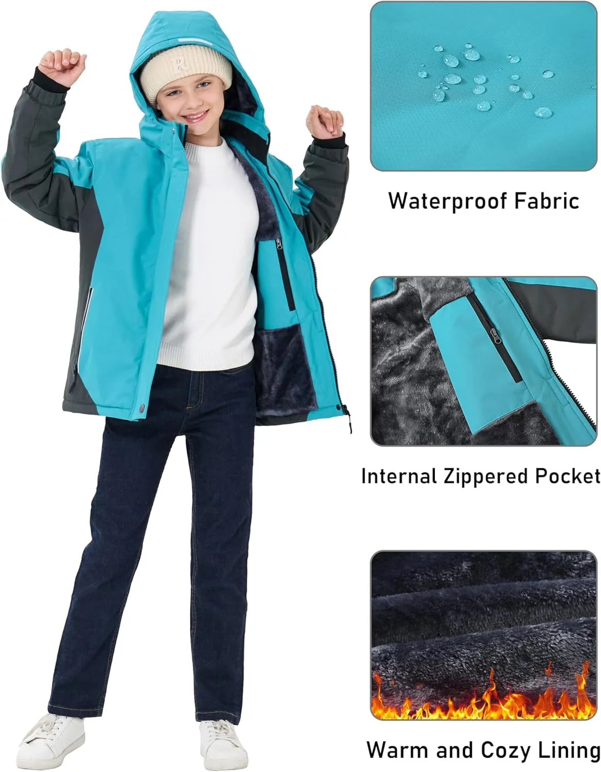 MoFiz Girls Ski Jacket Waterproof Fleece Lined Snowboard Jacket Warm Winter Snow Coats with Removable Hood