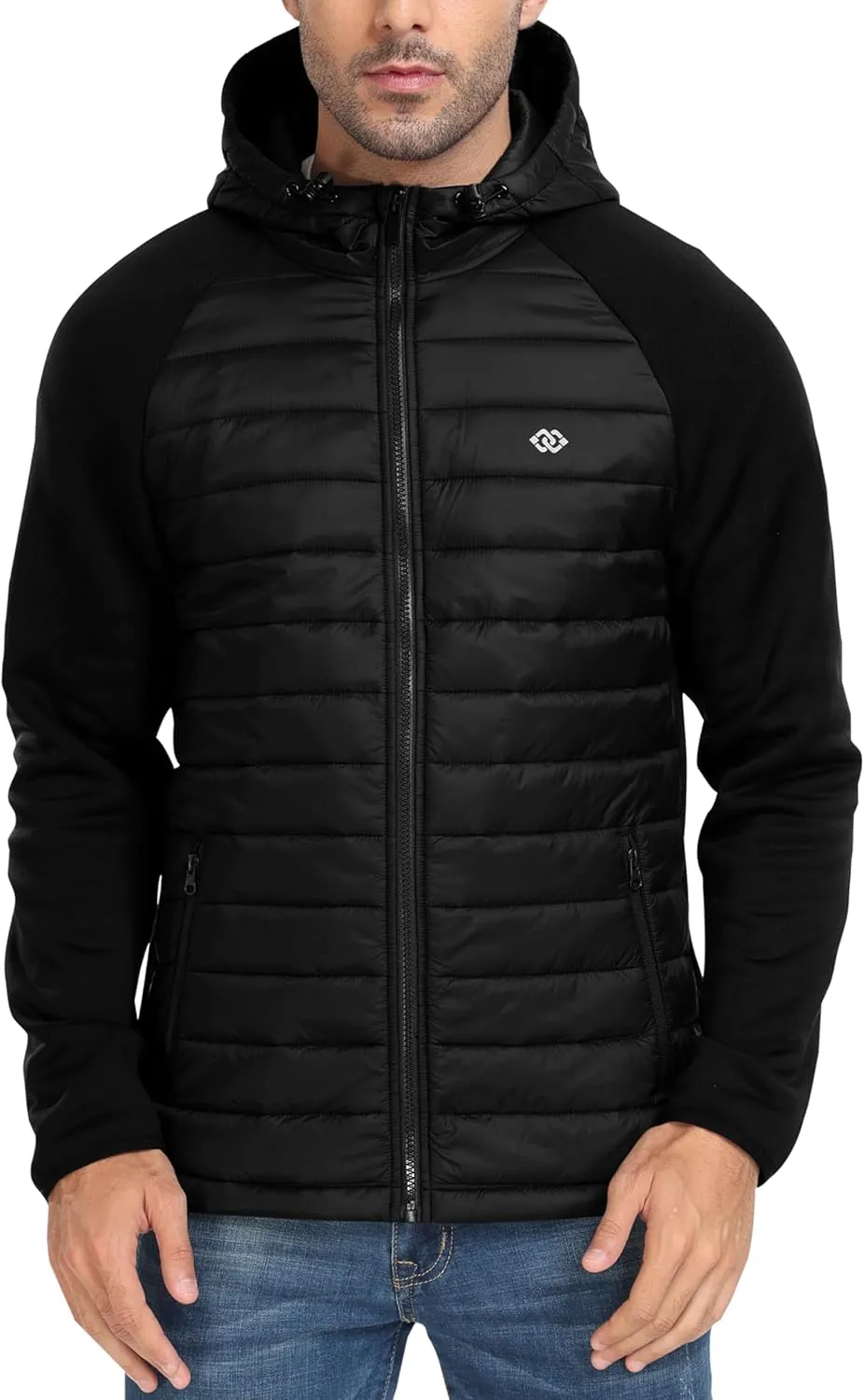 MoFiz Mens Running Hybrid Fleece Jackets Lightweight Puffy Hiking Jacket Winter Thermal Full Zip Hood Insulated Jacket Coat