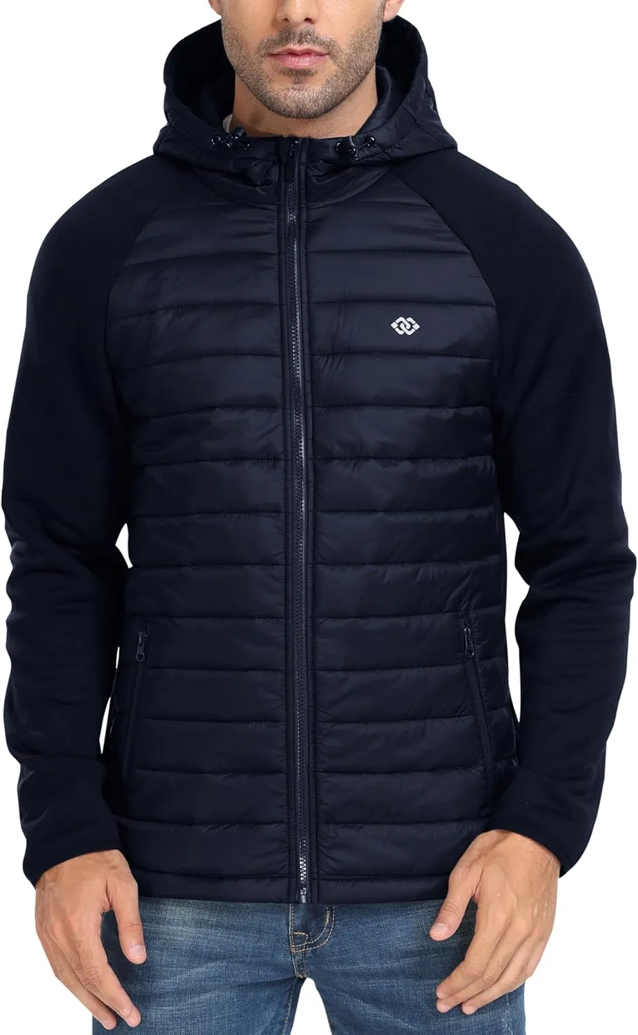 MoFiz Mens Running Hybrid Fleece Jackets Lightweight Puffy Hiking Jacket Winter Thermal Full Zip Hood Insulated Jacket Coat