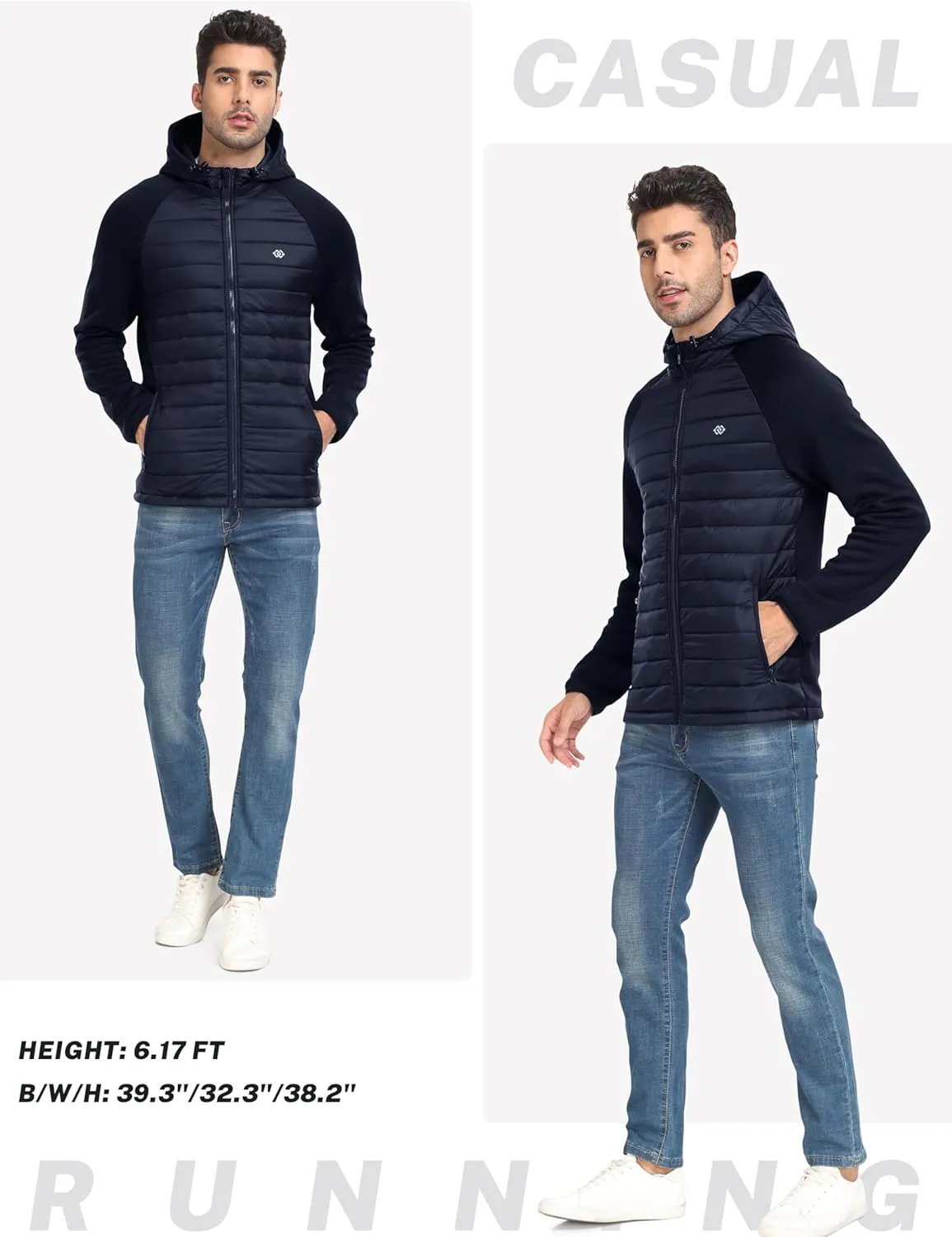 MoFiz Mens Running Hybrid Fleece Jackets Lightweight Puffy Hiking Jacket Winter Thermal Full Zip Hood Insulated Jacket Coat