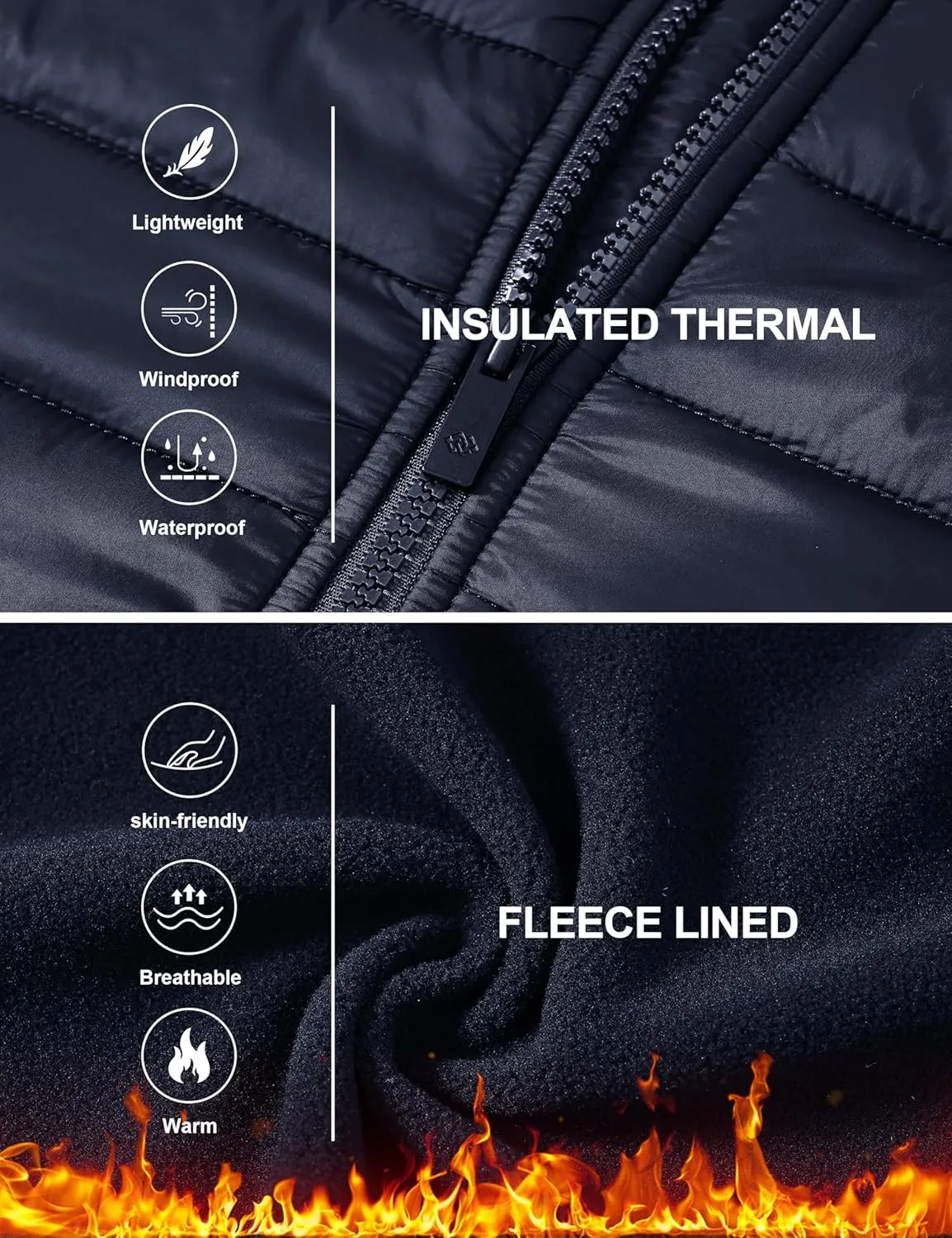 MoFiz Mens Running Hybrid Fleece Jackets Lightweight Puffy Hiking Jacket Winter Thermal Full Zip Hood Insulated Jacket Coat