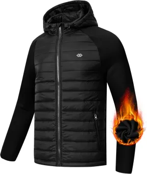 MoFiz Mens Running Hybrid Fleece Jackets Lightweight Puffy Hiking Jacket Winter Thermal Full Zip Hood Insulated Jacket Coat