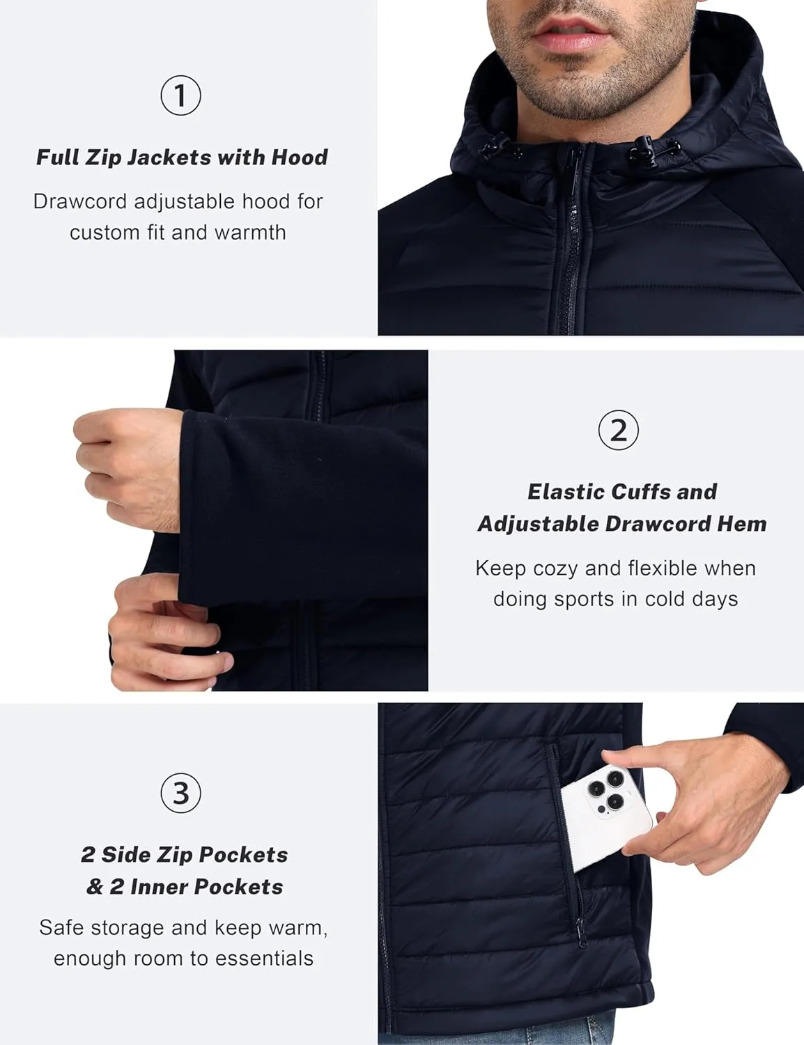 MoFiz Mens Running Hybrid Fleece Jackets Lightweight Puffy Hiking Jacket Winter Thermal Full Zip Hood Insulated Jacket Coat