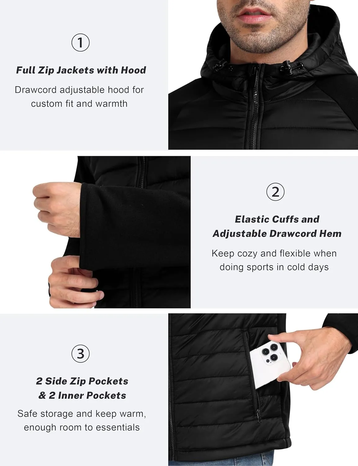 MoFiz Mens Running Hybrid Fleece Jackets Lightweight Puffy Hiking Jacket Winter Thermal Full Zip Hood Insulated Jacket Coat
