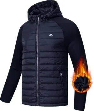 MoFiz Mens Running Hybrid Fleece Jackets Lightweight Puffy Hiking Jacket Winter Thermal Full Zip Hood Insulated Jacket Coat