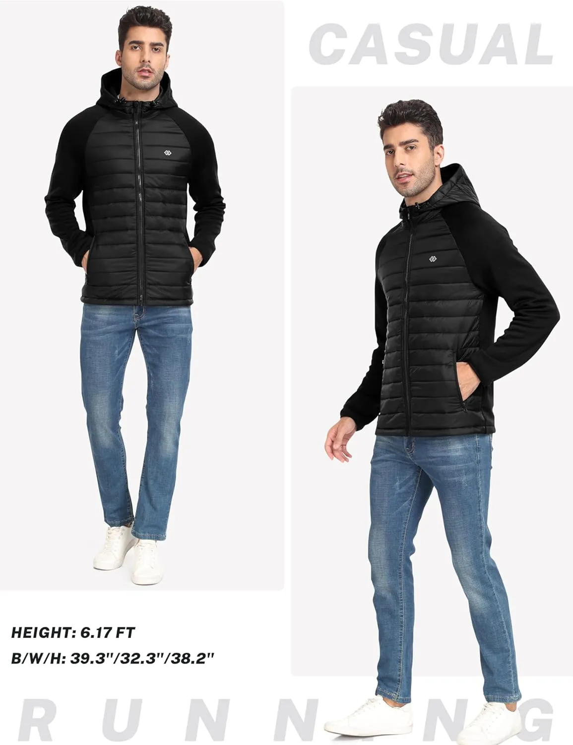 MoFiz Mens Running Hybrid Fleece Jackets Lightweight Puffy Hiking Jacket Winter Thermal Full Zip Hood Insulated Jacket Coat