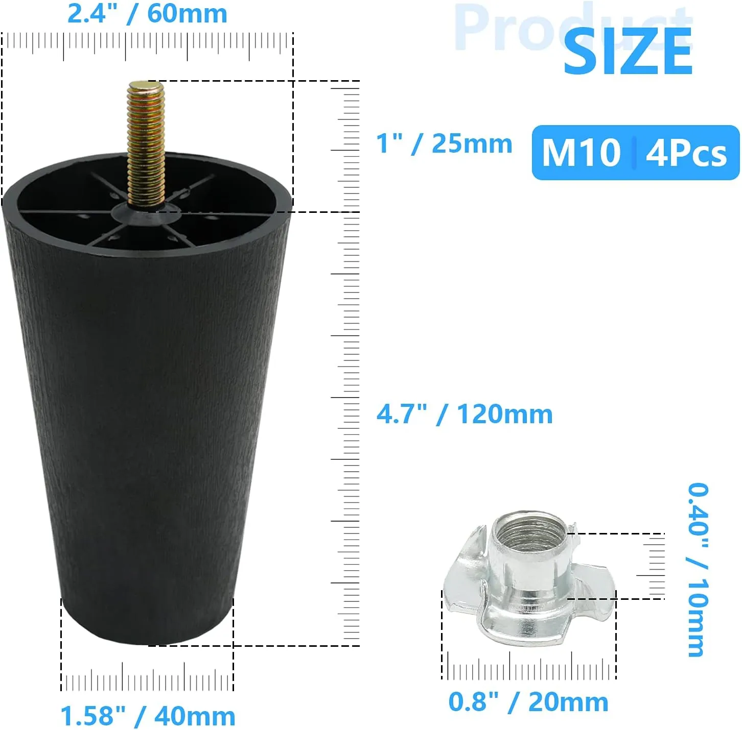 Murtenze 4Pcs 5 inch Sofa Legs, Round Tapered Plastic Couch Legs Replacement Furniture Legs with M10 Hanger Bolts for Chair Sofa Dresser Cabinet Loveseats Ottoman Bed