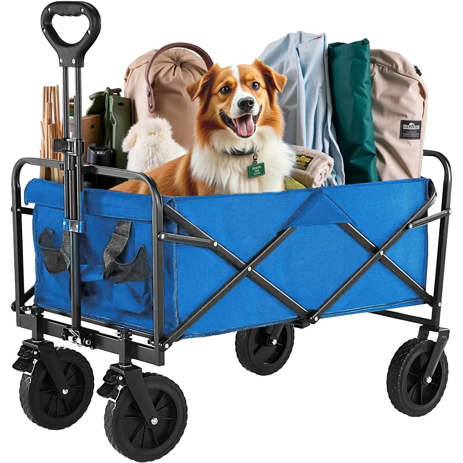 MyDepot Collapsible Foldable Wagon Cart, Large Capacity Garden Beach Cart with All-Terrain Wheels, Heavy Duty Utility Grocery Wagon with Drink Holders for Shopping Sports Camping