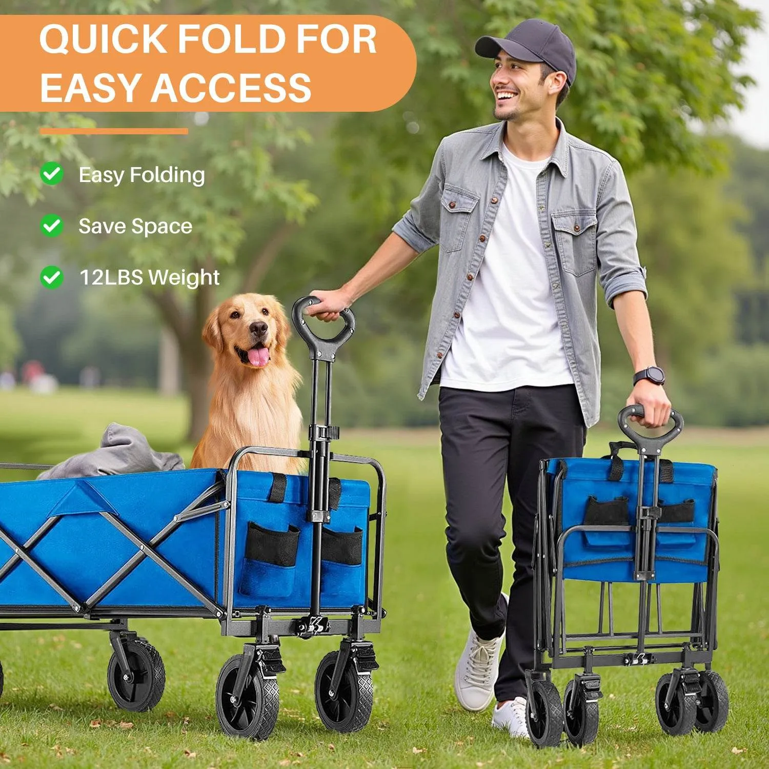 MyDepot Collapsible Foldable Wagon Cart, Large Capacity Garden Beach Cart with All-Terrain Wheels, Heavy Duty Utility Grocery Wagon with Drink Holders for Shopping Sports Camping