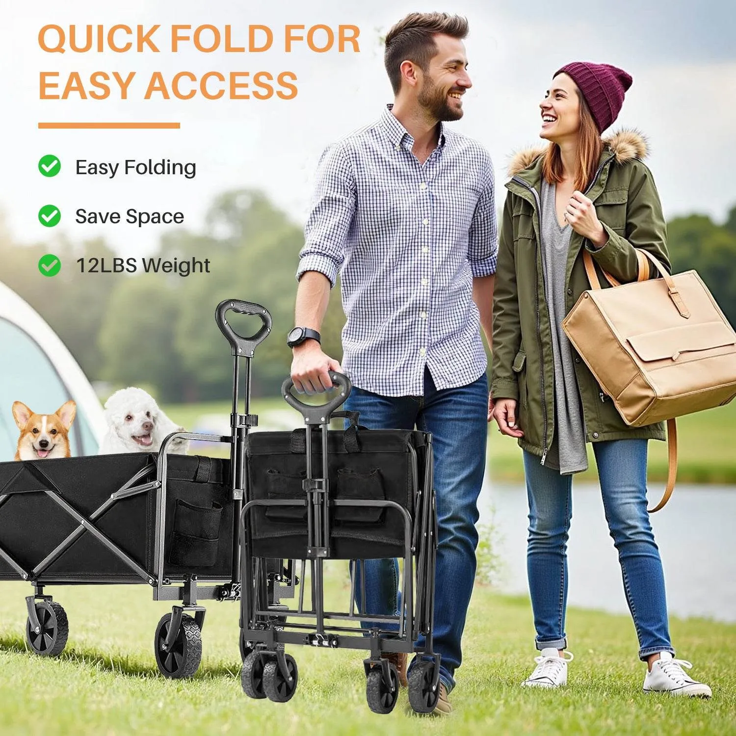 MyDepot Collapsible Foldable Wagon Cart, Large Capacity Garden Beach Cart with All-Terrain Wheels, Heavy Duty Utility Grocery Wagon with Drink Holders for Shopping Sports Camping