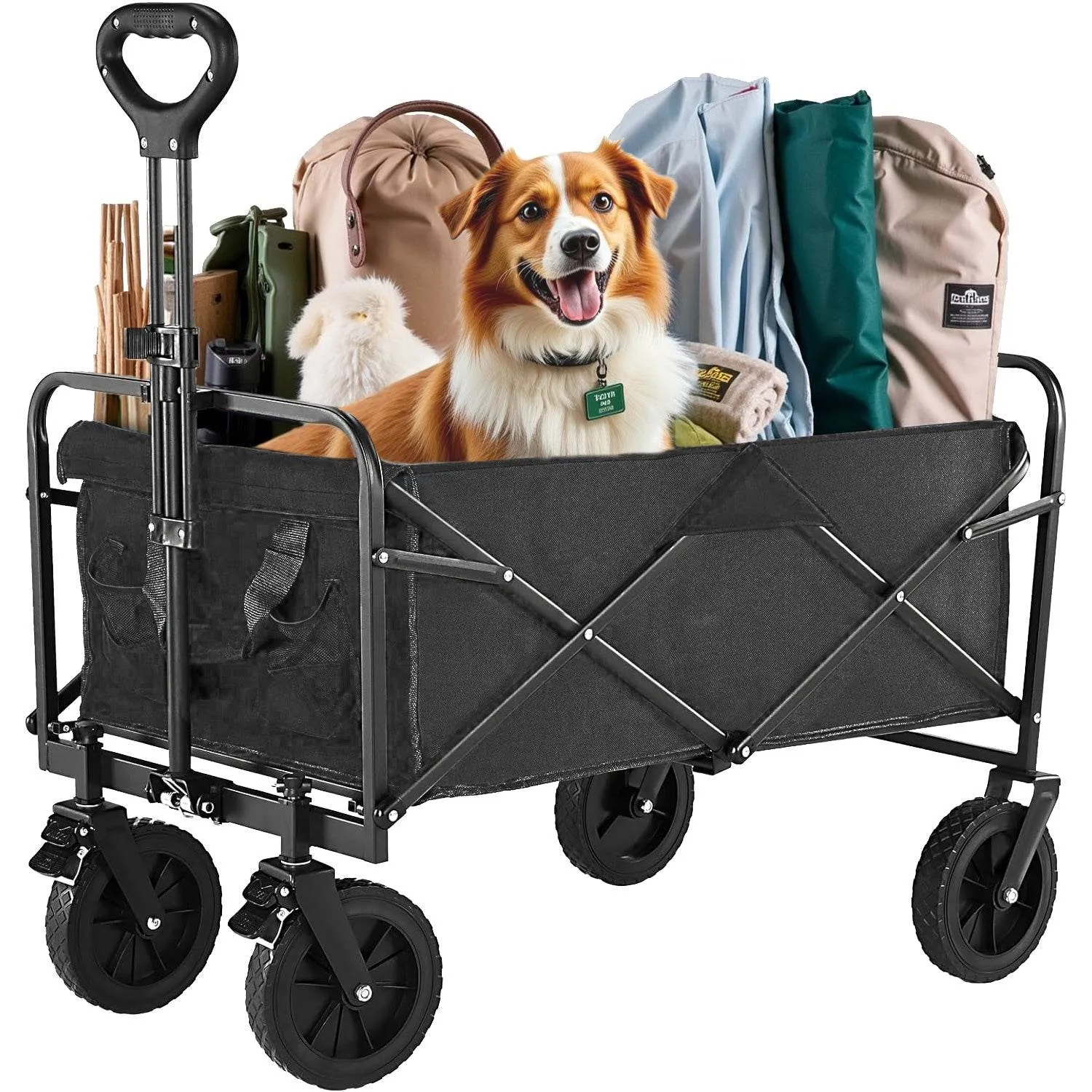 MyDepot Collapsible Foldable Wagon Cart, Large Capacity Garden Beach Cart with All-Terrain Wheels, Heavy Duty Utility Grocery Wagon with Drink Holders for Shopping Sports Camping