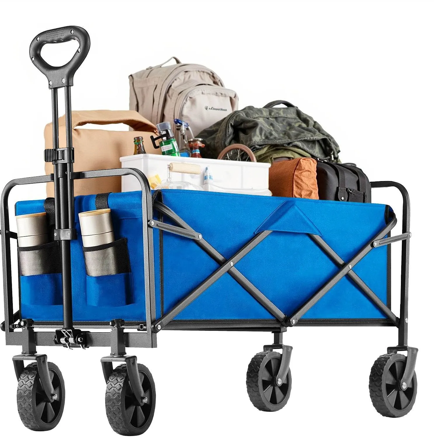 MyDepot Collapsible Foldable Wagon Cart, Large Capacity Garden Beach Cart with All-Terrain Wheels, Heavy Duty Utility Grocery Wagon with Drink Holders for Shopping Sports Camping