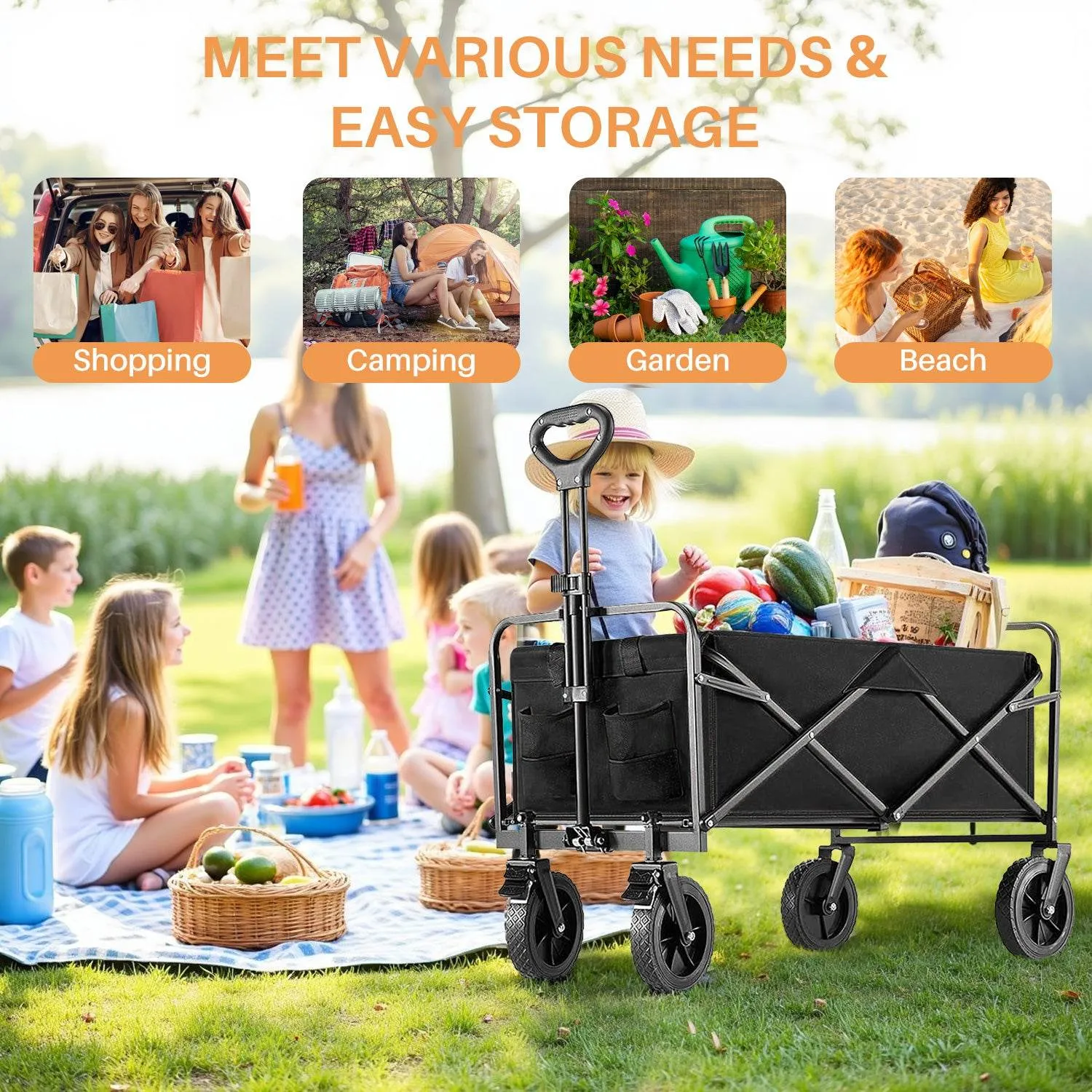 MyDepot Collapsible Foldable Wagon Cart, Large Capacity Garden Beach Cart with All-Terrain Wheels, Heavy Duty Utility Grocery Wagon with Drink Holders for Shopping Sports Camping