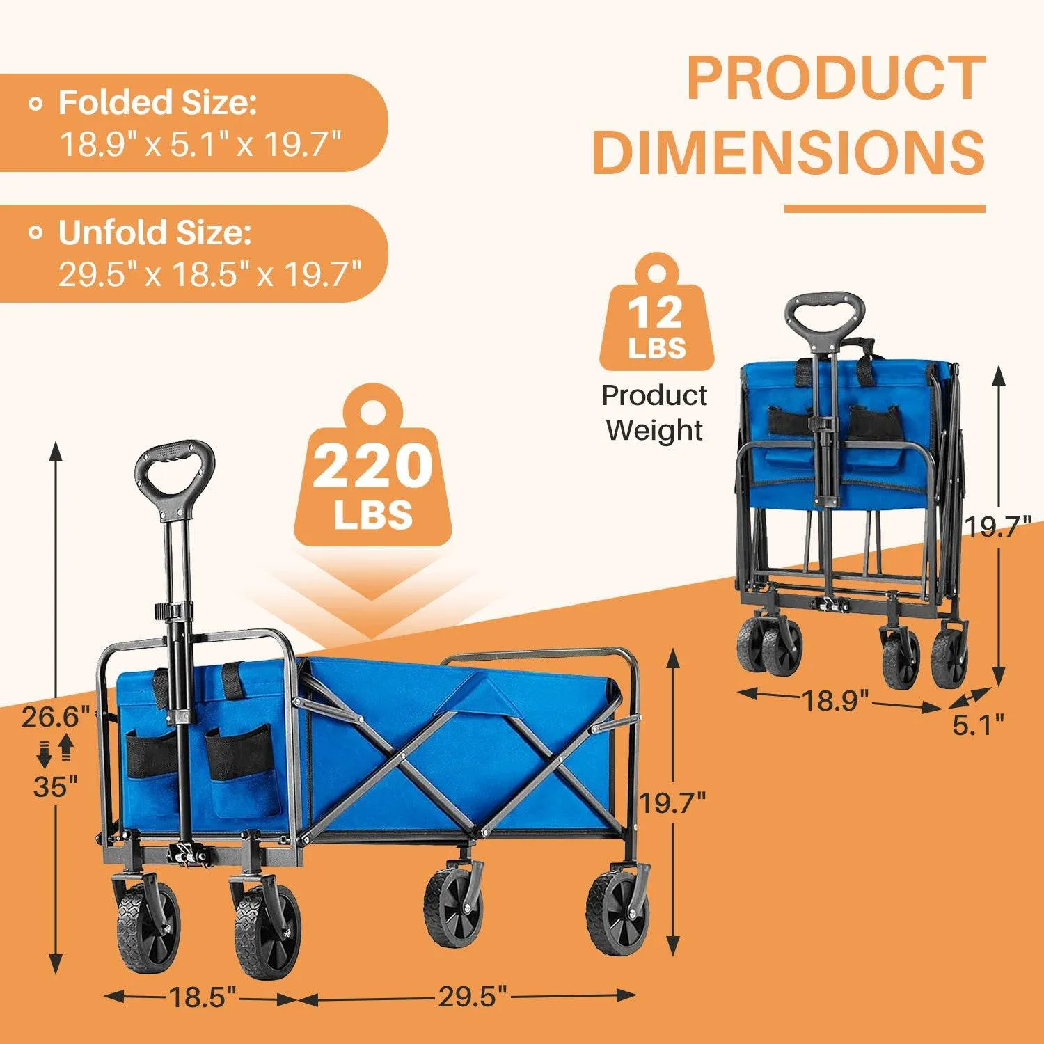 MyDepot Collapsible Foldable Wagon Cart, Large Capacity Garden Beach Cart with All-Terrain Wheels, Heavy Duty Utility Grocery Wagon with Drink Holders for Shopping Sports Camping