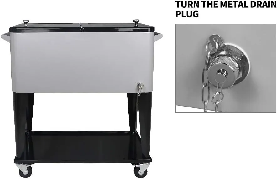 Nattork Portable Rolling Cooler Cart 80 Quart Cooler cart, Ice Chest Cart Trolley Rolling Cart Cooler with Wheels Outdoor Beverage Cooler for Patio Ice Chest with Shelf, Water Pipe and Bottle Opener