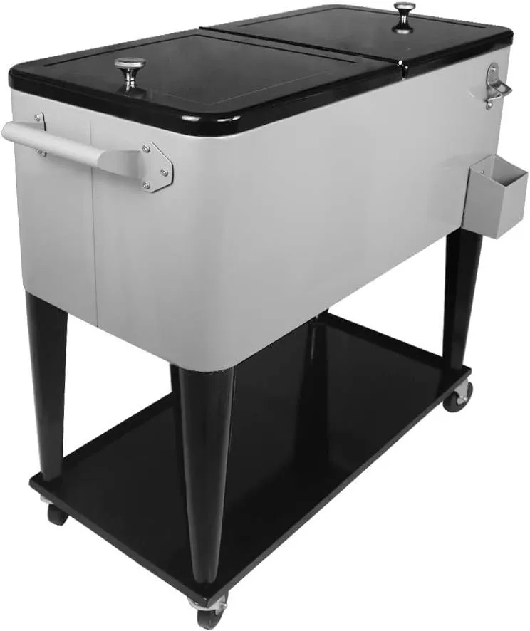 Nattork Portable Rolling Cooler Cart 80 Quart Cooler cart, Ice Chest Cart Trolley Rolling Cart Cooler with Wheels Outdoor Beverage Cooler for Patio Ice Chest with Shelf, Water Pipe and Bottle Opener