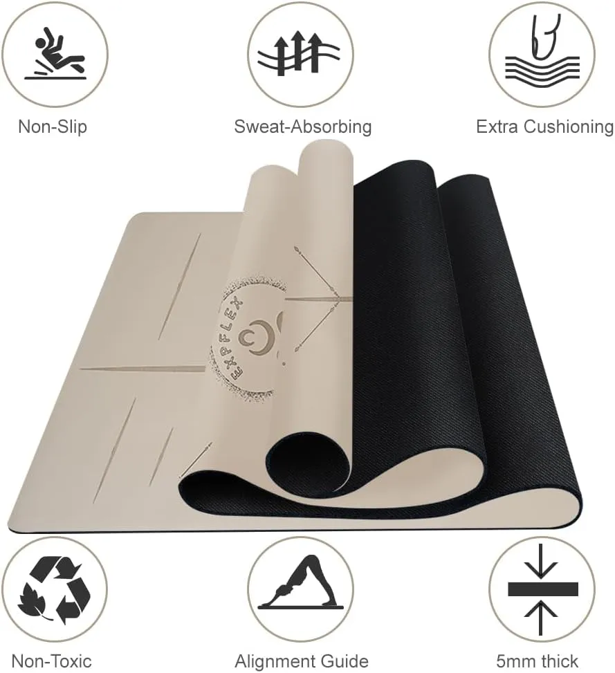 Natural Rubber Yoga Mat - Non Slip Non Toxic - 72’'x26.8''x5mm - Hot Yoga, Pilates, Floor Workout - For Women and Men - with Carrying Bag