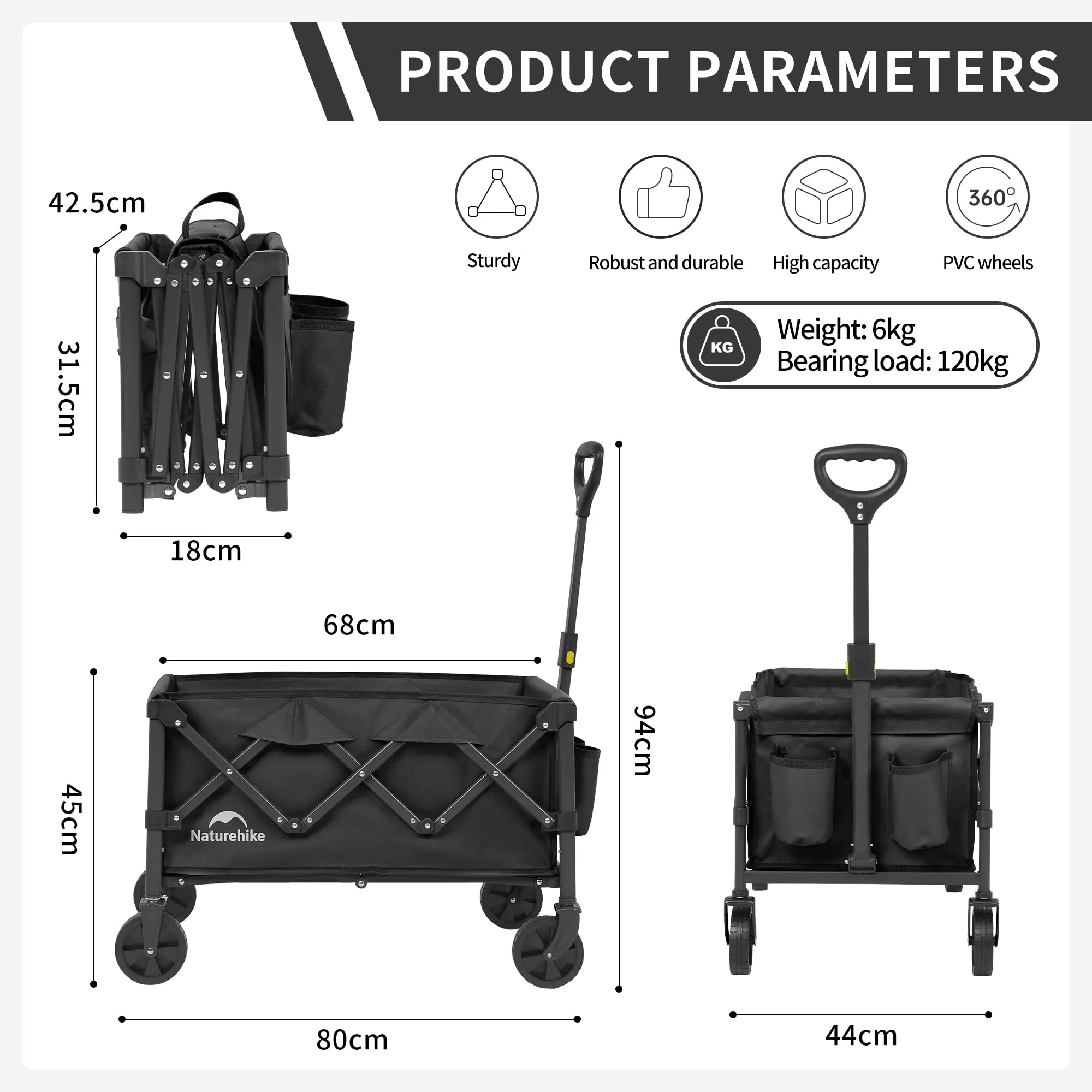 Naturehike Lightweight Camping Cart Portable Collapsible Large Capacity Wagon Cart 80 Liters Maximum 100 Liters Garden Outdoor Park Utility Beach Trolley