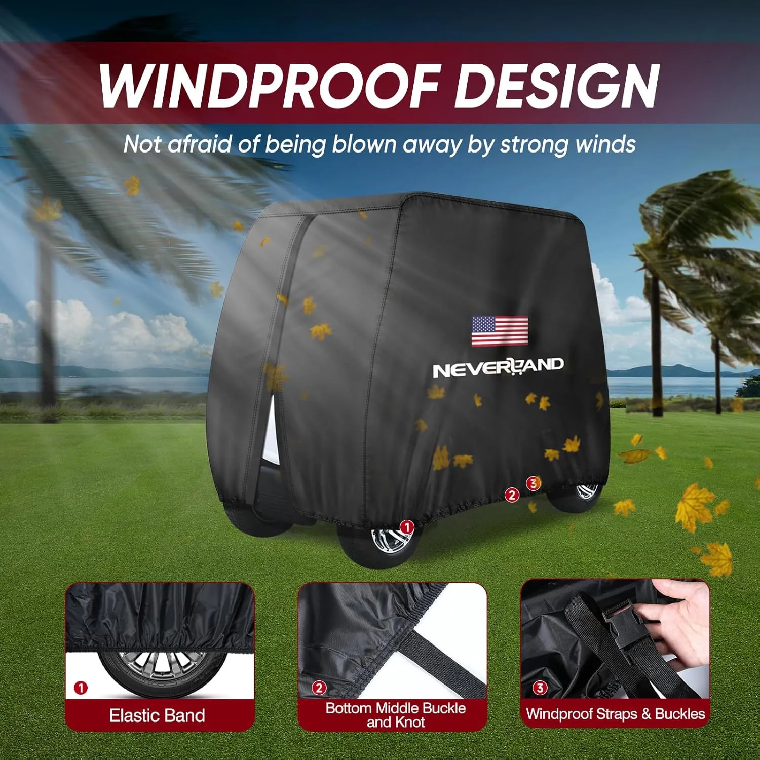 NEVERLAND Golf Cart Cover - Waterproof Golf Cart Covers - Fits for Yamaha Golf Carts EZ GO Club Car - Outdoor Windproof Sunproof